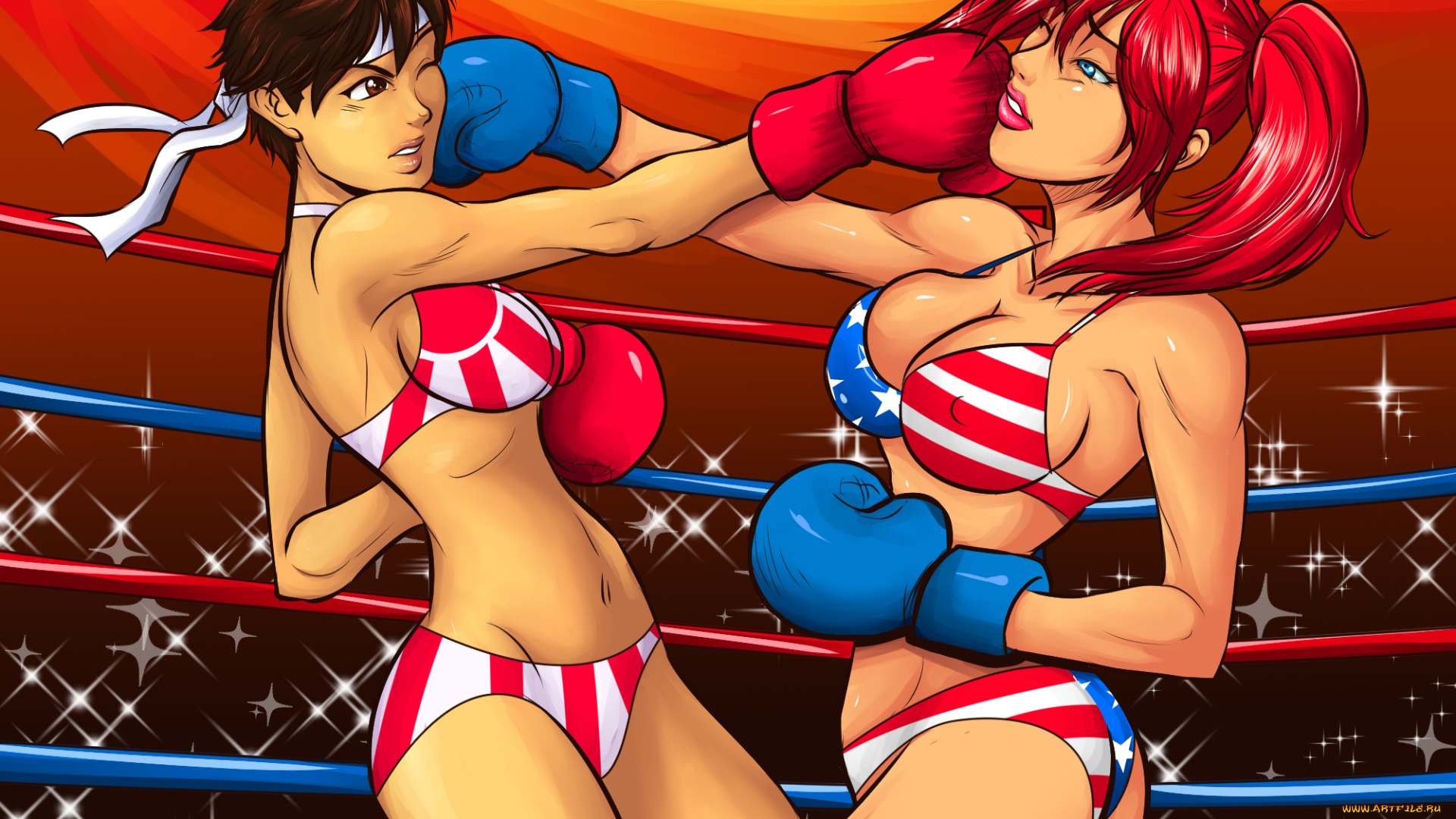 рисованное, люди, бокс, ринг, фон, девушки
