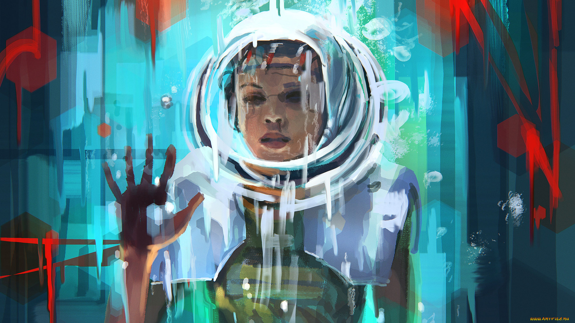 рисованное, живопись, взгляд, скафандр, фон, девушка