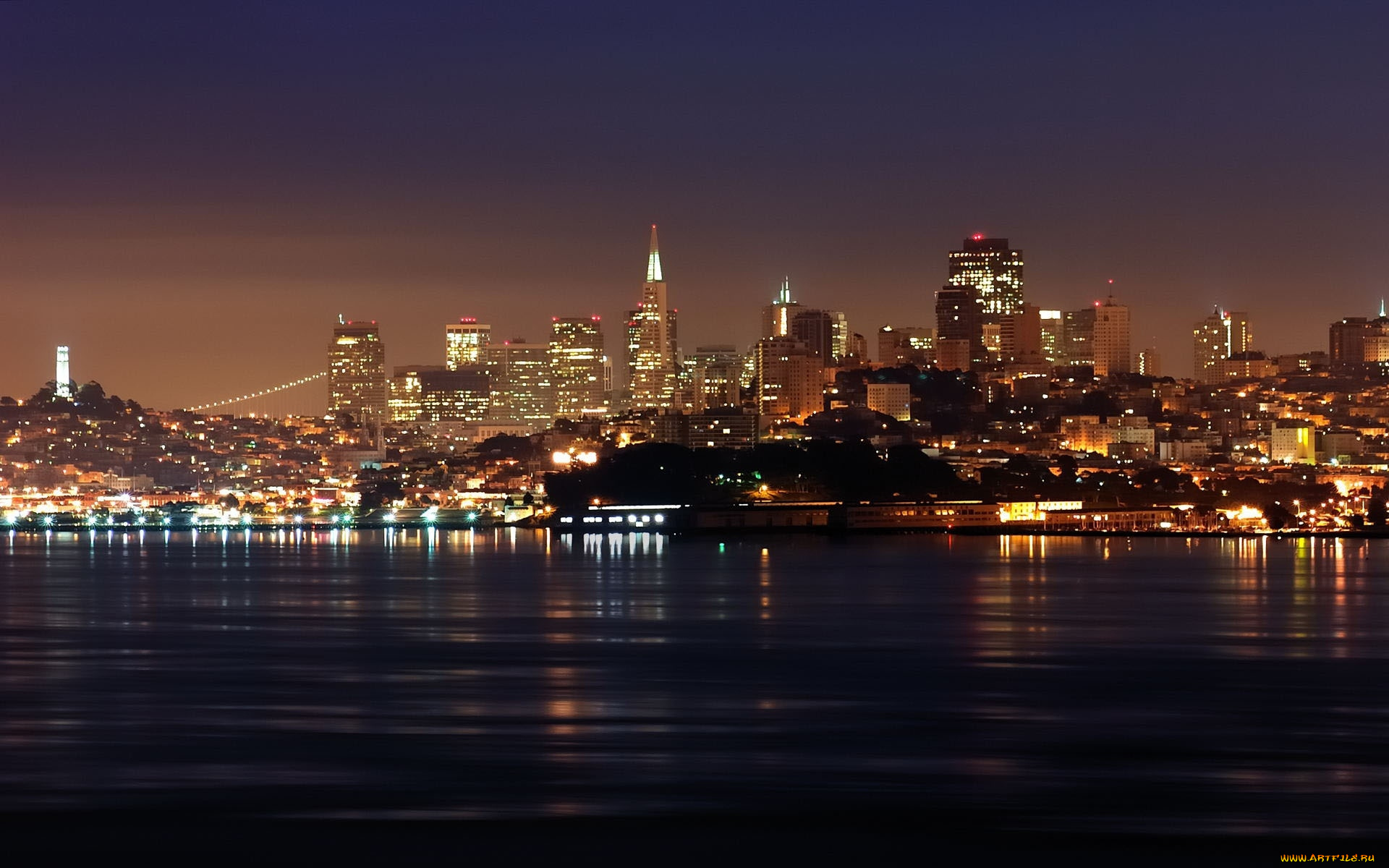 города, сан-франциско, , сша, вечер, освещение, река, здания