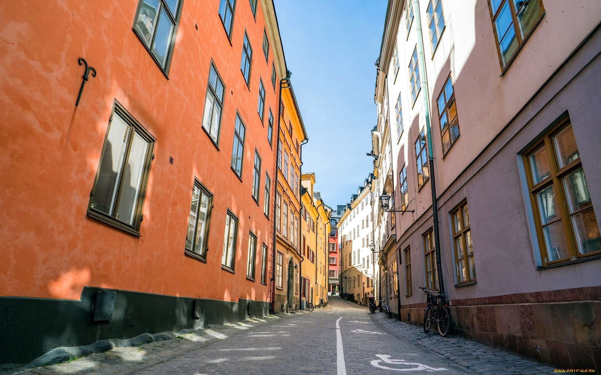 города, стокгольм, , швеция, узкая, велосипед, дома, улочка