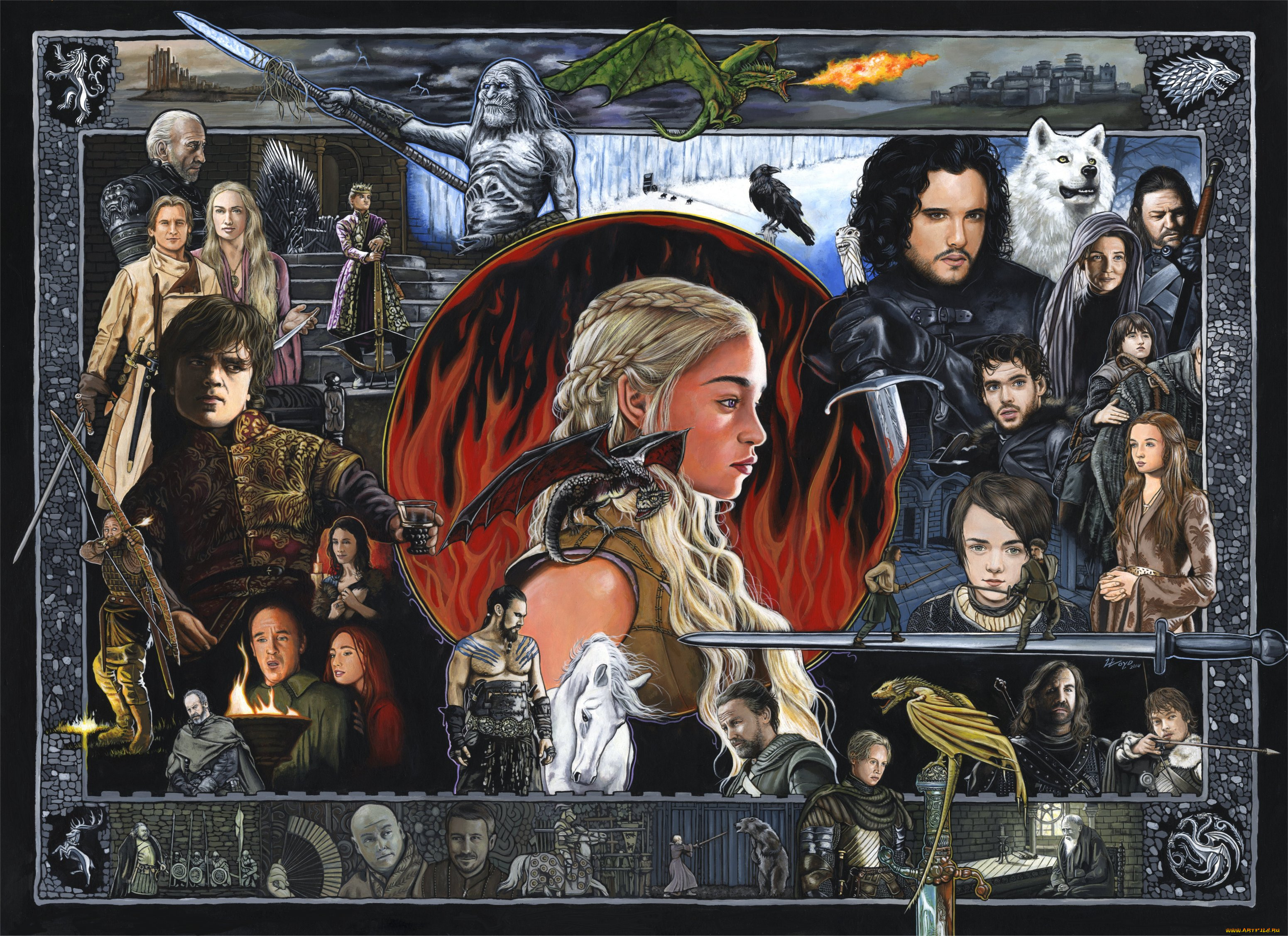 рисованное, кино, девушка, фон, дракон, мужчина