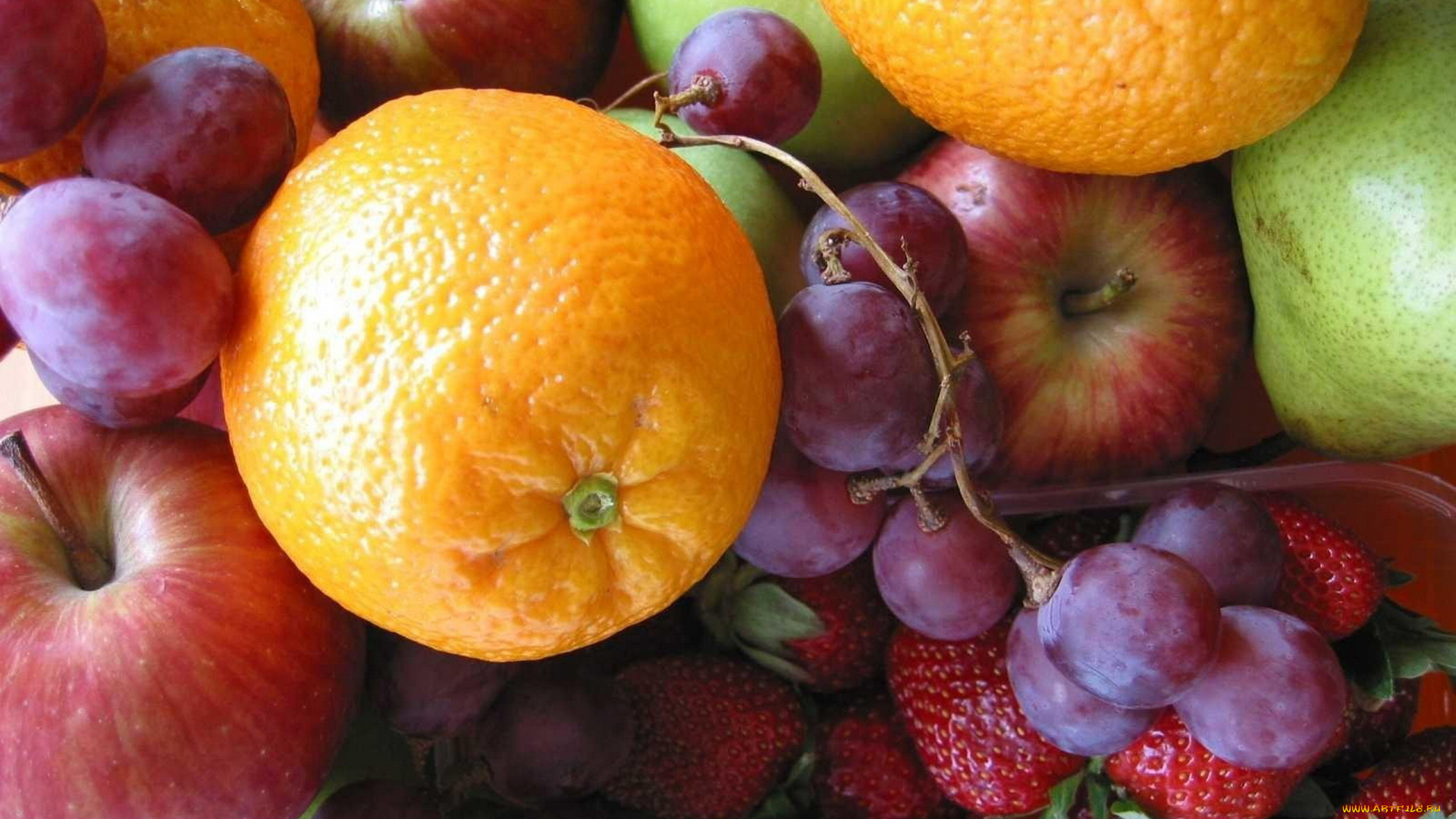 еда, фрукты, , ягоды, апельсины, яблоки, виноград, клубника