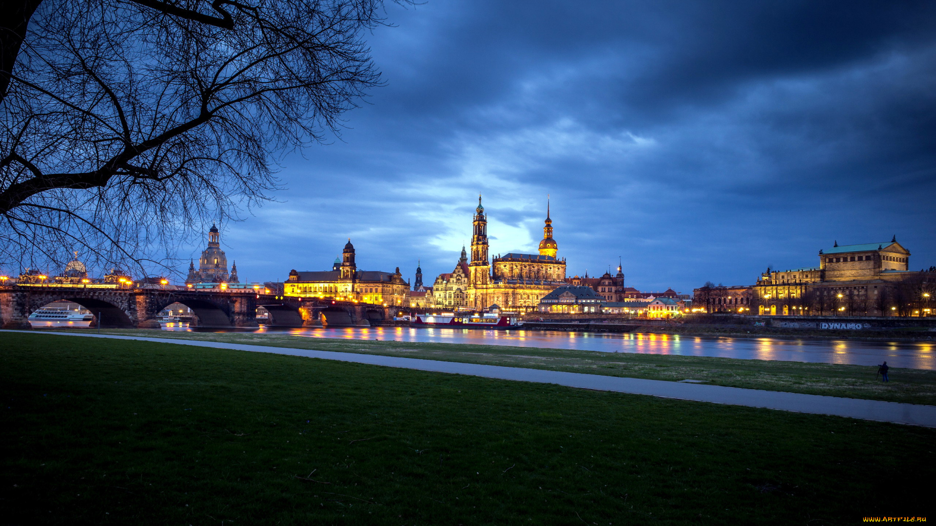 города, дрезден, , германия, огни, вечер, мост, река, здание, дом, городской, собор, облака, деревья, трава, отражение, старое, здание, церковь, башня, длительное, воздействие