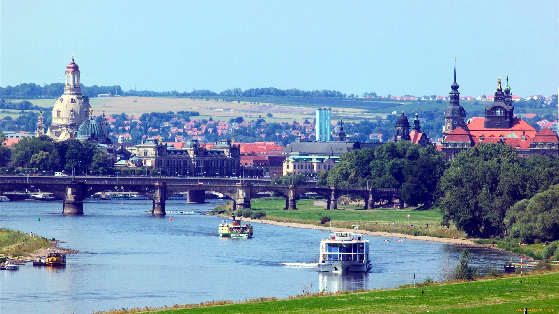 города, дрезден, , германия, теплоходы, река, мост