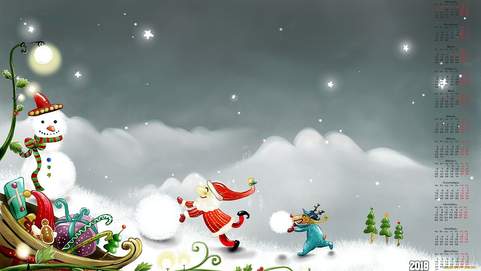 календари, праздники, , салюты, елка, снег, снеговик, подарок, 2018