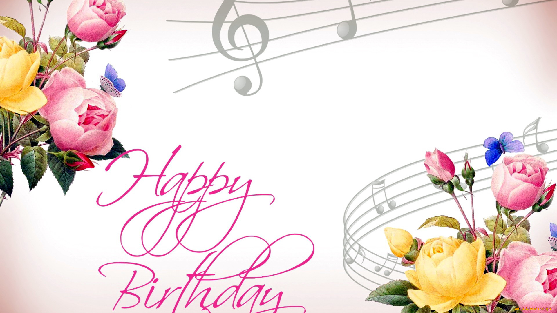 праздничные, день, рождения, надпись, пожелание, ноты, цветы