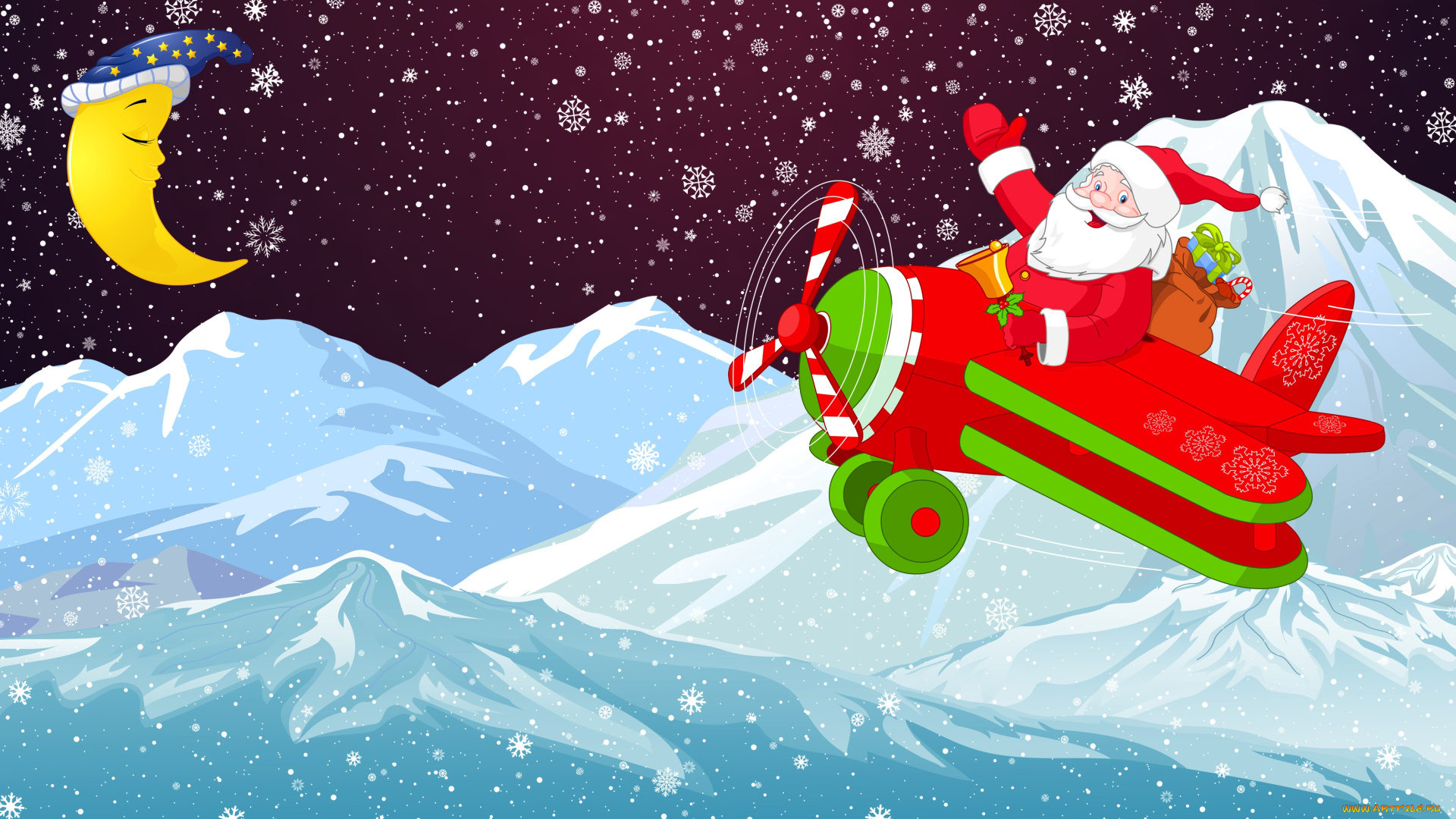 праздничные, векторная, графика, , новый, год, санта, снежинки, снег, клаус, санта-клаус, самолет, минимализм, зима, рождество, месяц, фон, новый, год, праздник, горы