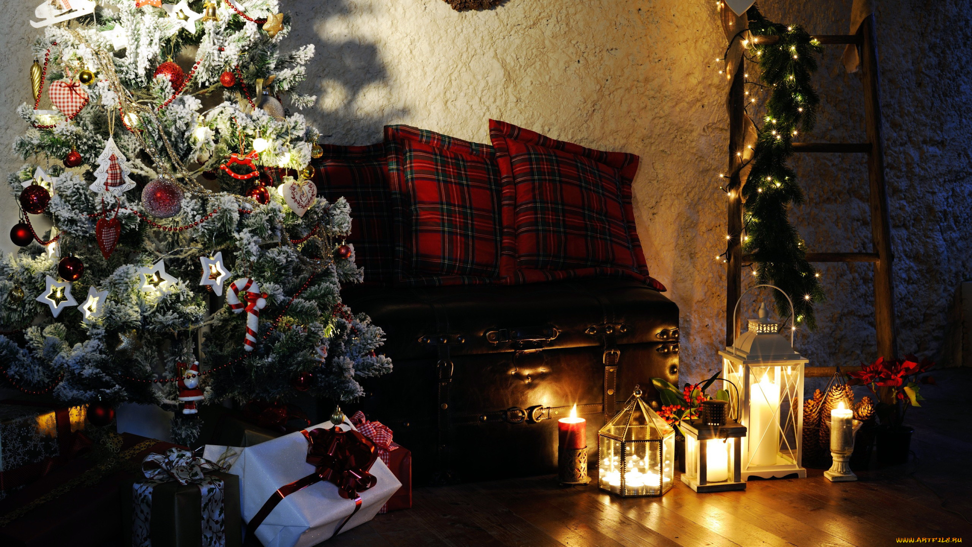 праздничные, Ёлки, фонари, подарки, елка