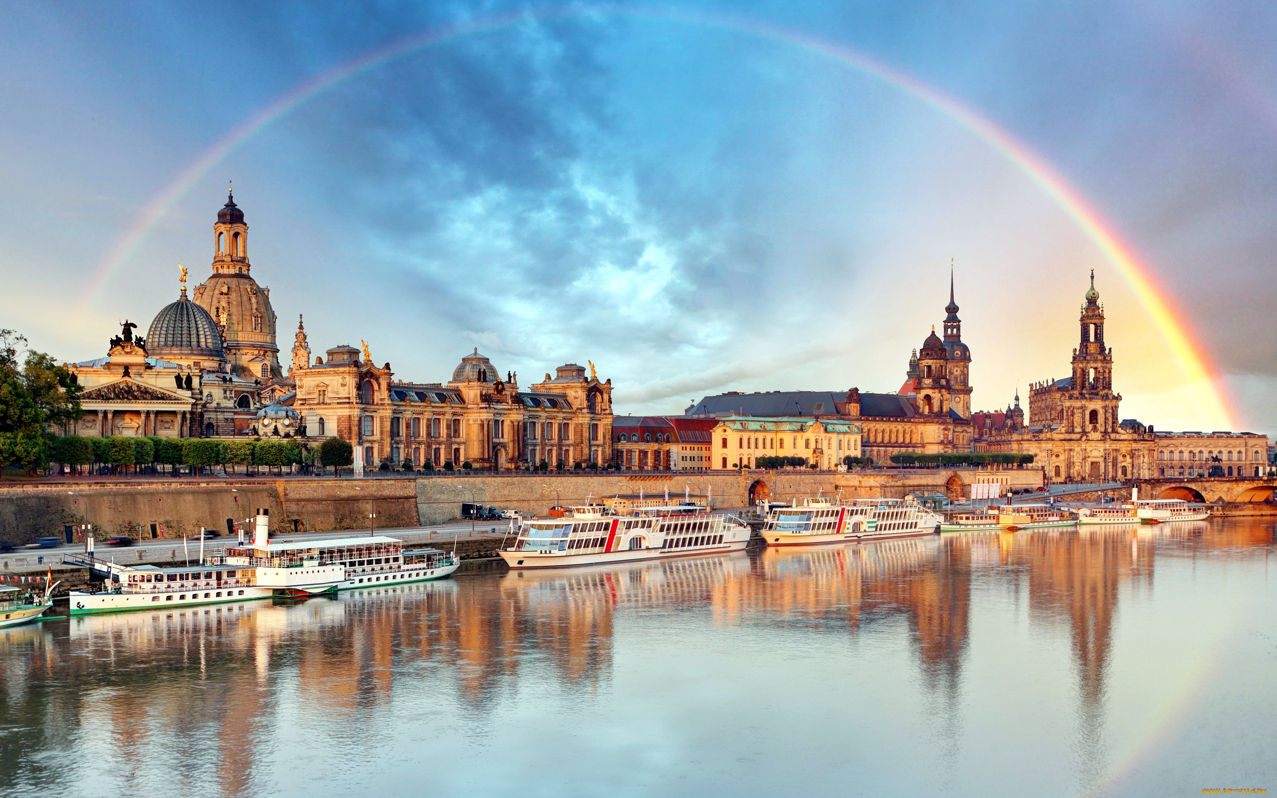 города, дрезден, , германия, радуга, суда, пристань, здания, река