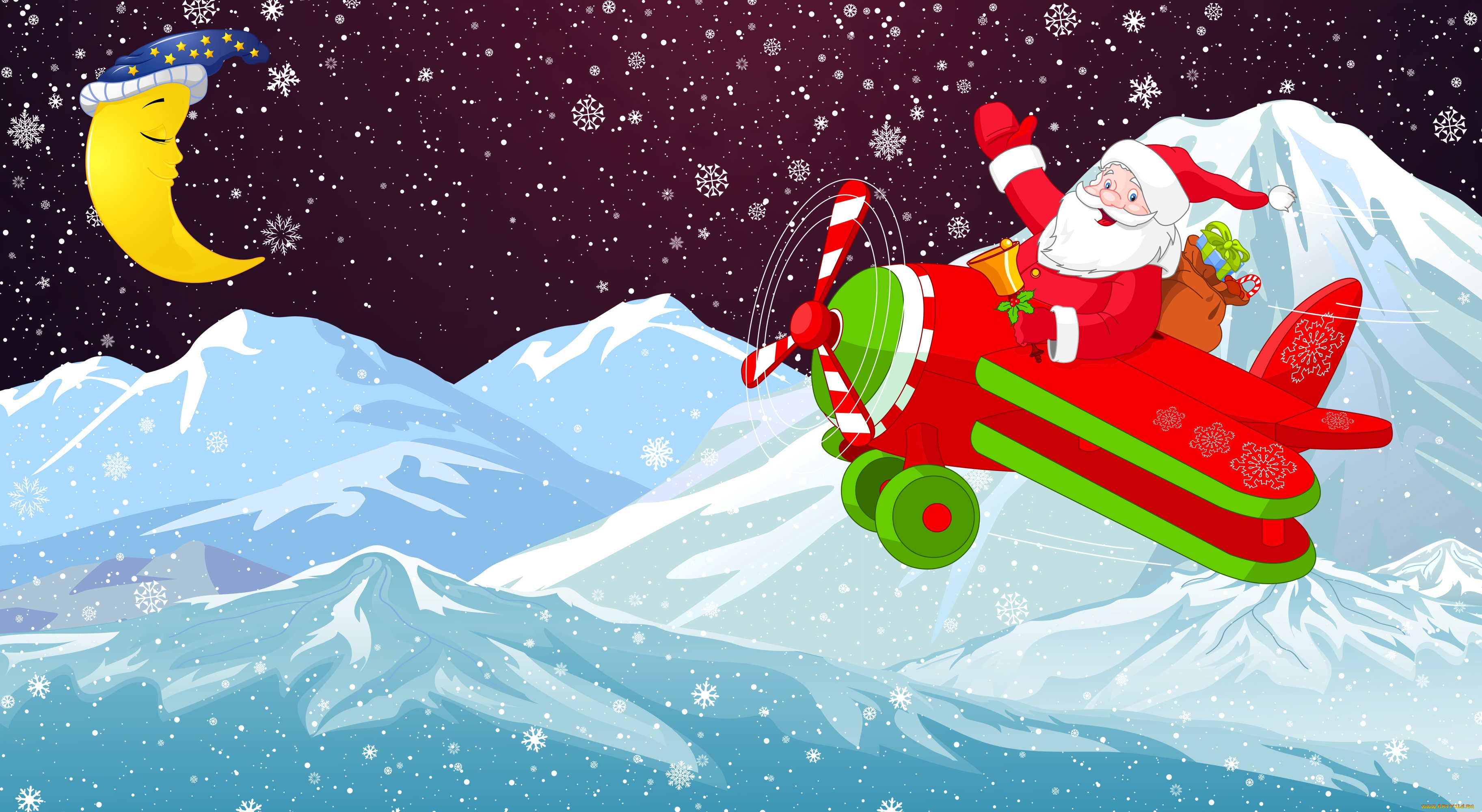 праздничные, векторная, графика, , новый, год, санта, снежинки, снег, клаус, санта-клаус, самолет, минимализм, зима, рождество, месяц, фон, новый, год, праздник, горы