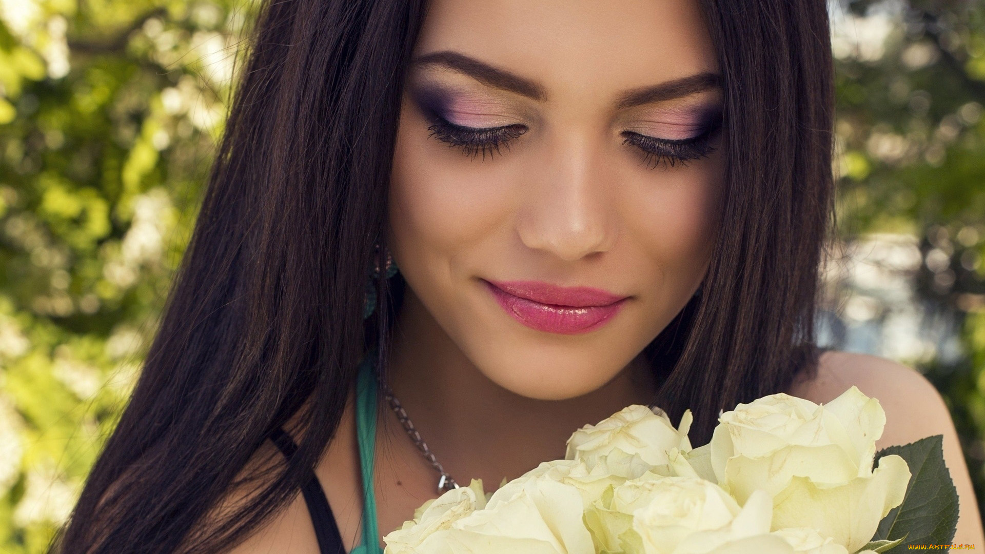 девушки, -, лица, , портреты, макияж, брюнетка, розы