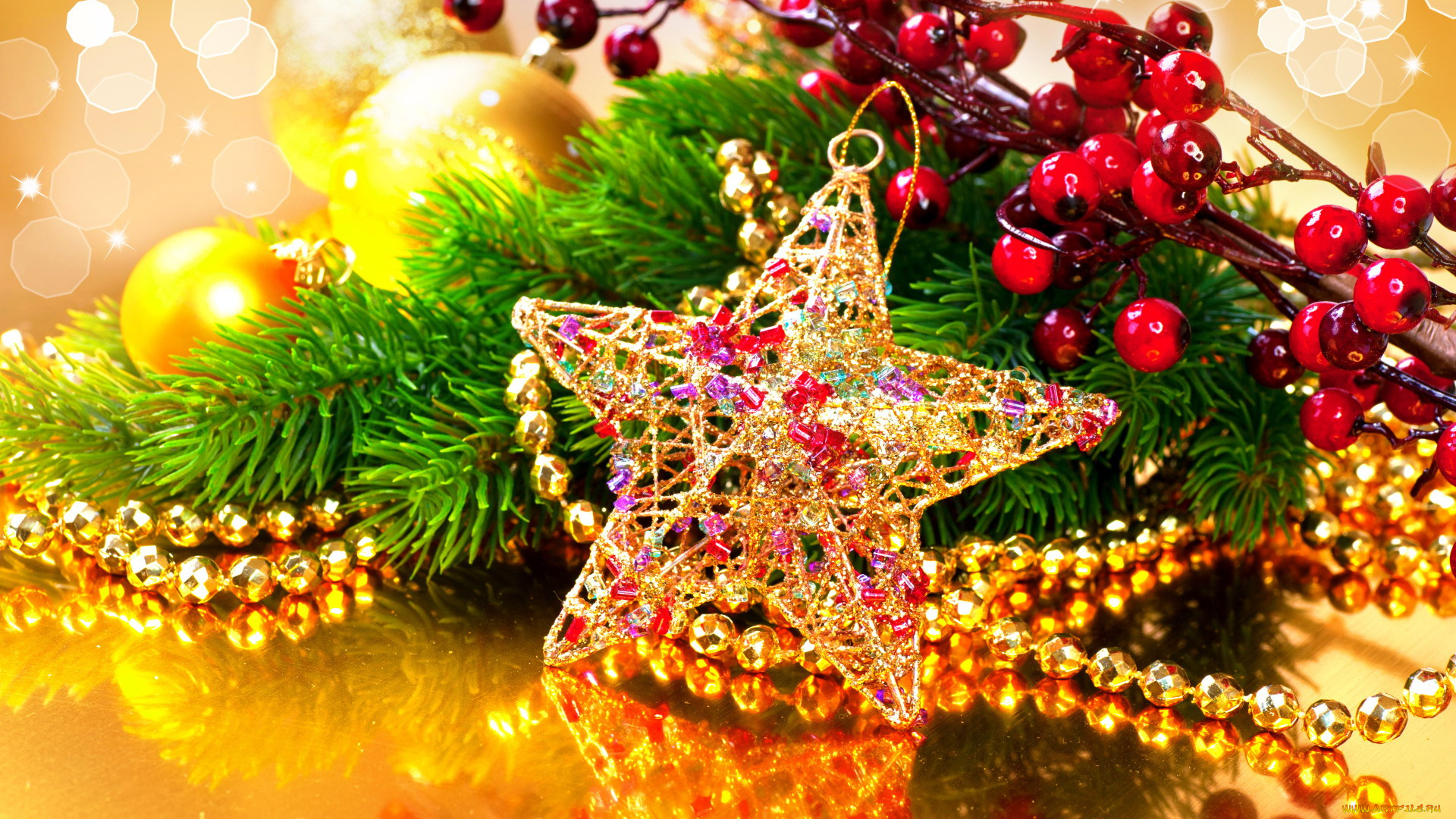 праздничные, украшения, ёлка, ягоды, звезда, гирлянда