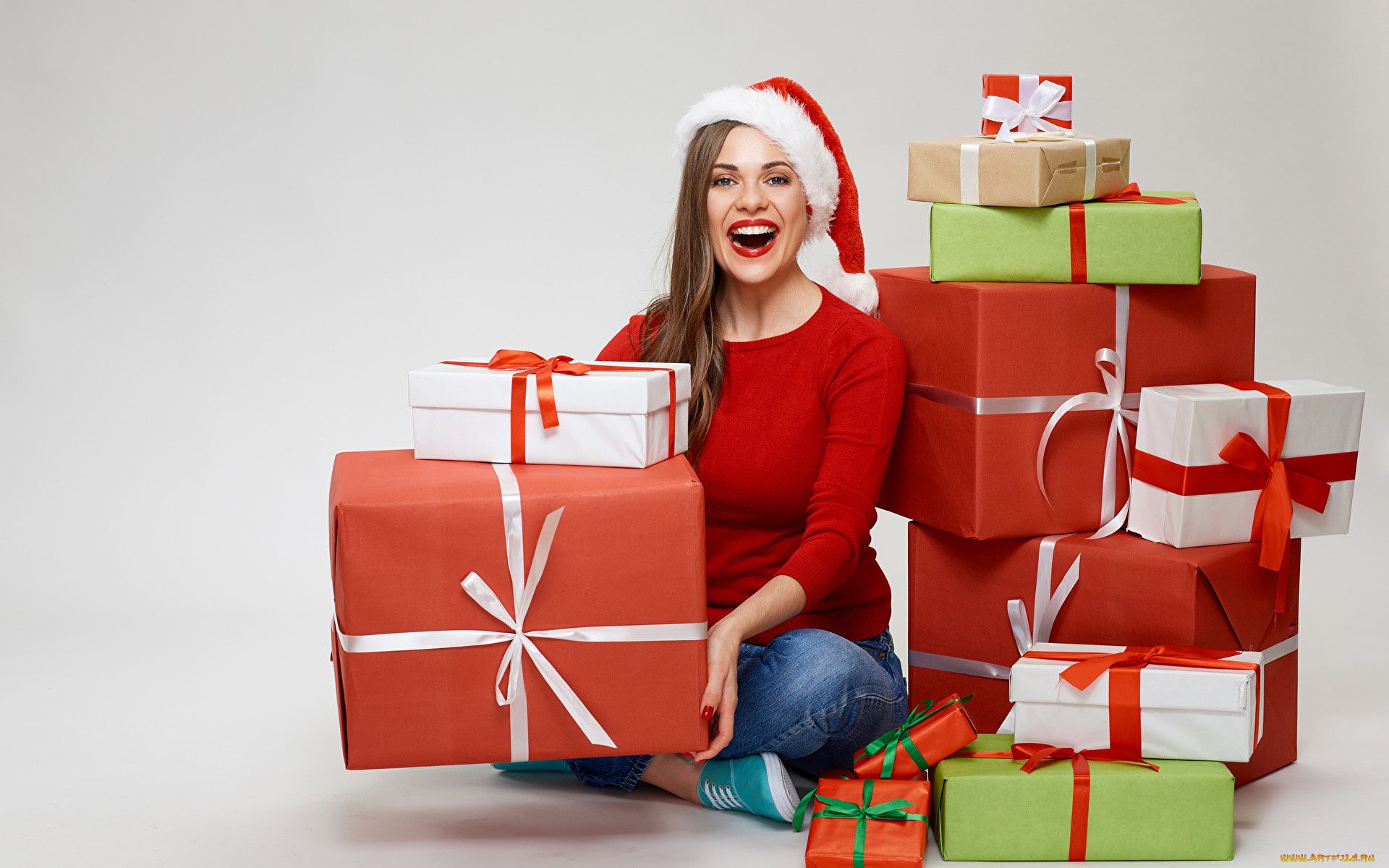 девушки, -, снегурочки, праздник, шатенка, подарки, колпак