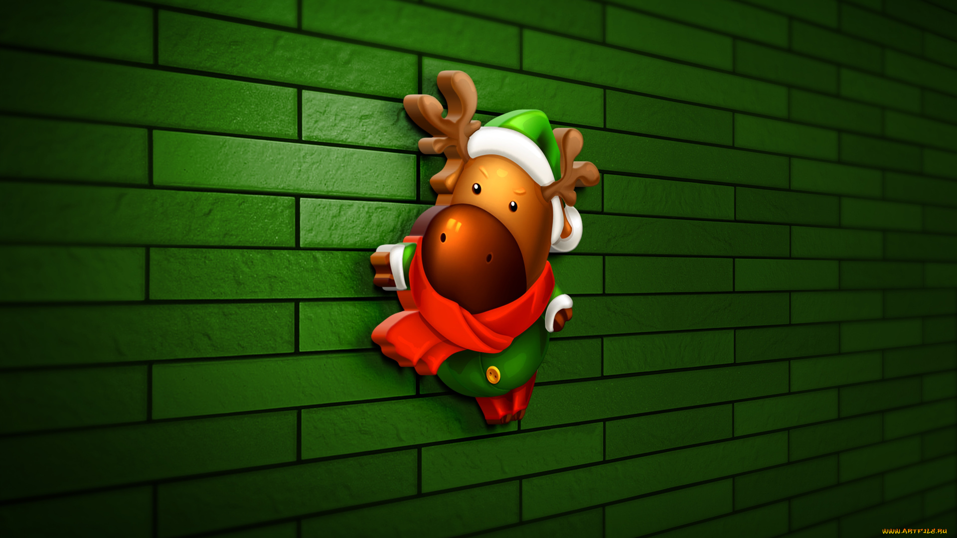 праздничные, 3д, графика, , новый, год, 3d, xmas, deer, 4k, зеленая, кирпичная, стена, рождественские, украшения, сartoon, happy, new, year, merry, christmas, icon, art, хmas