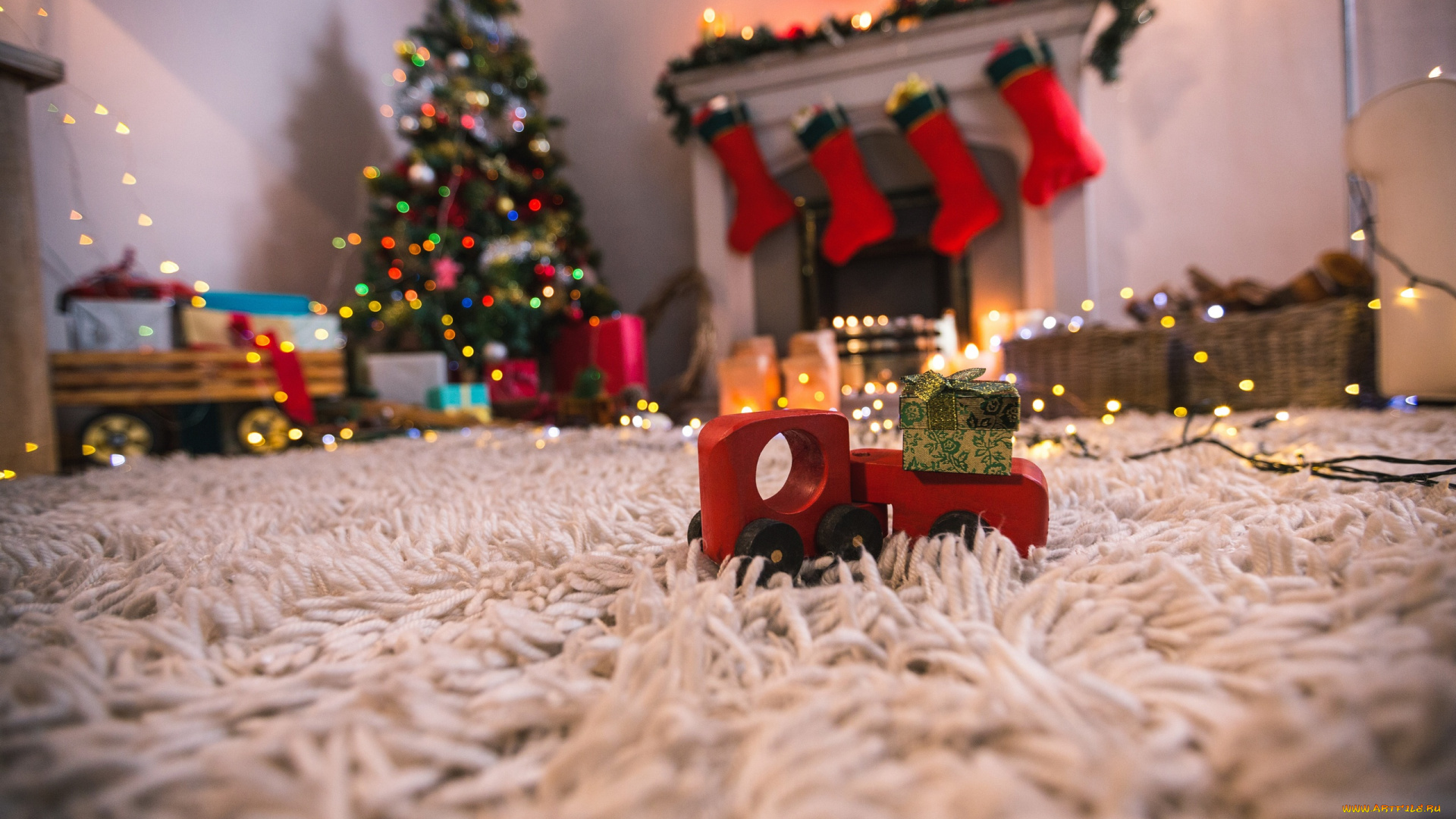 праздничные, новогодний, очаг, комната, новогодние, игрушки, елка, камин, гирлянда, носок