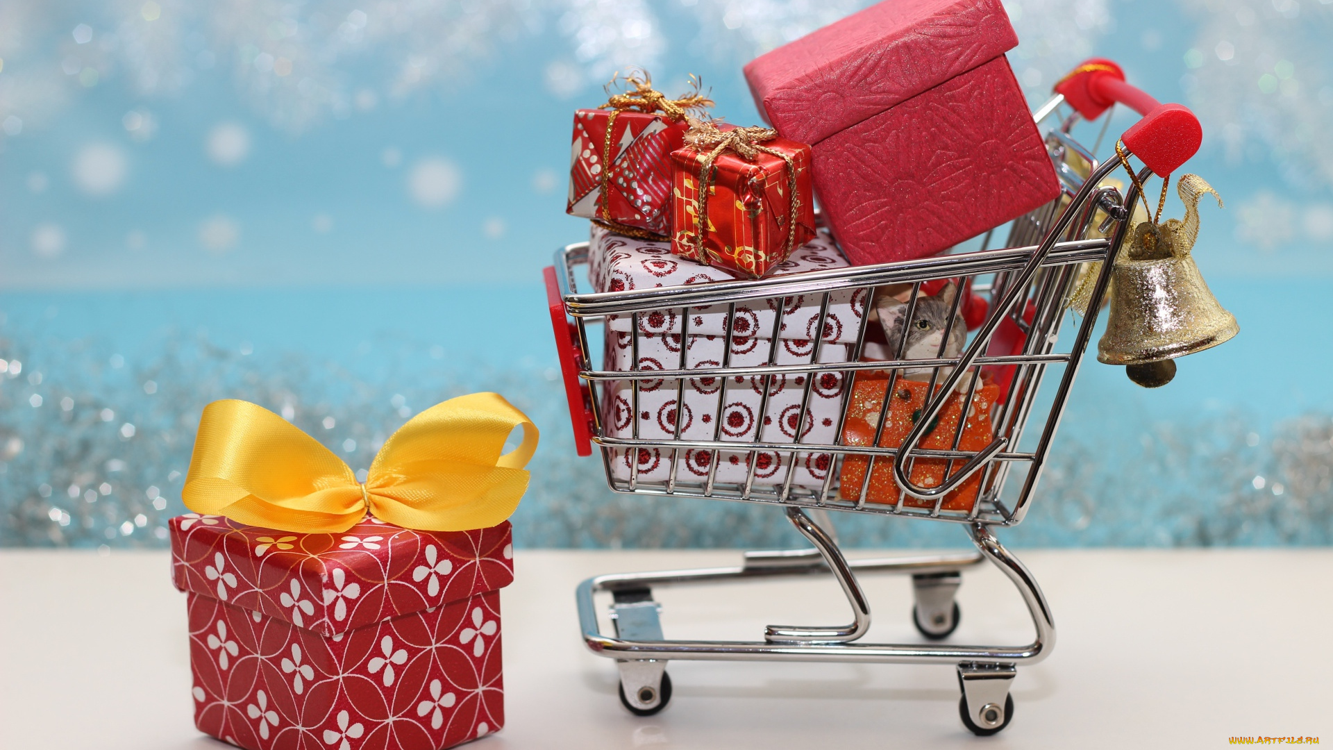 праздничные, подарки, и, коробочки, подарки, коробки, тележка
