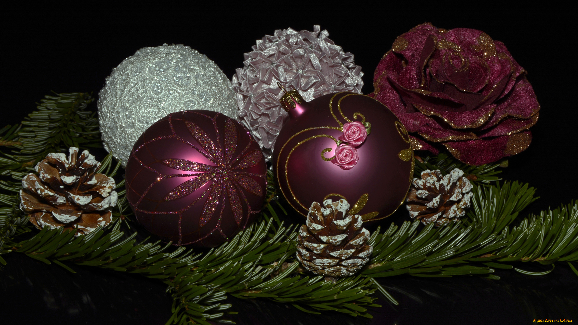 праздничные, украшения, ёлка, ветка, шишки, шарики, цветок