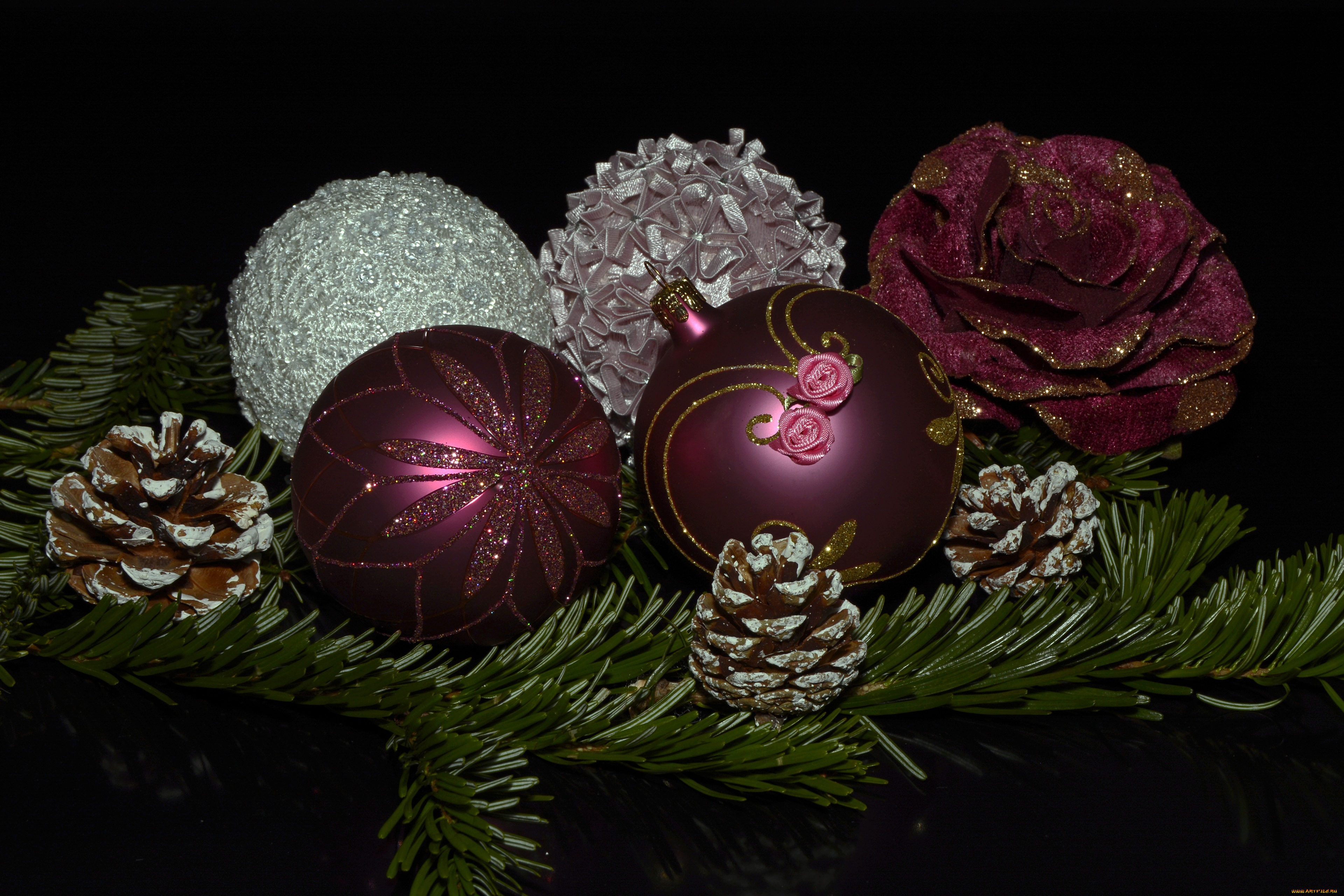 праздничные, украшения, ёлка, ветка, шишки, шарики, цветок