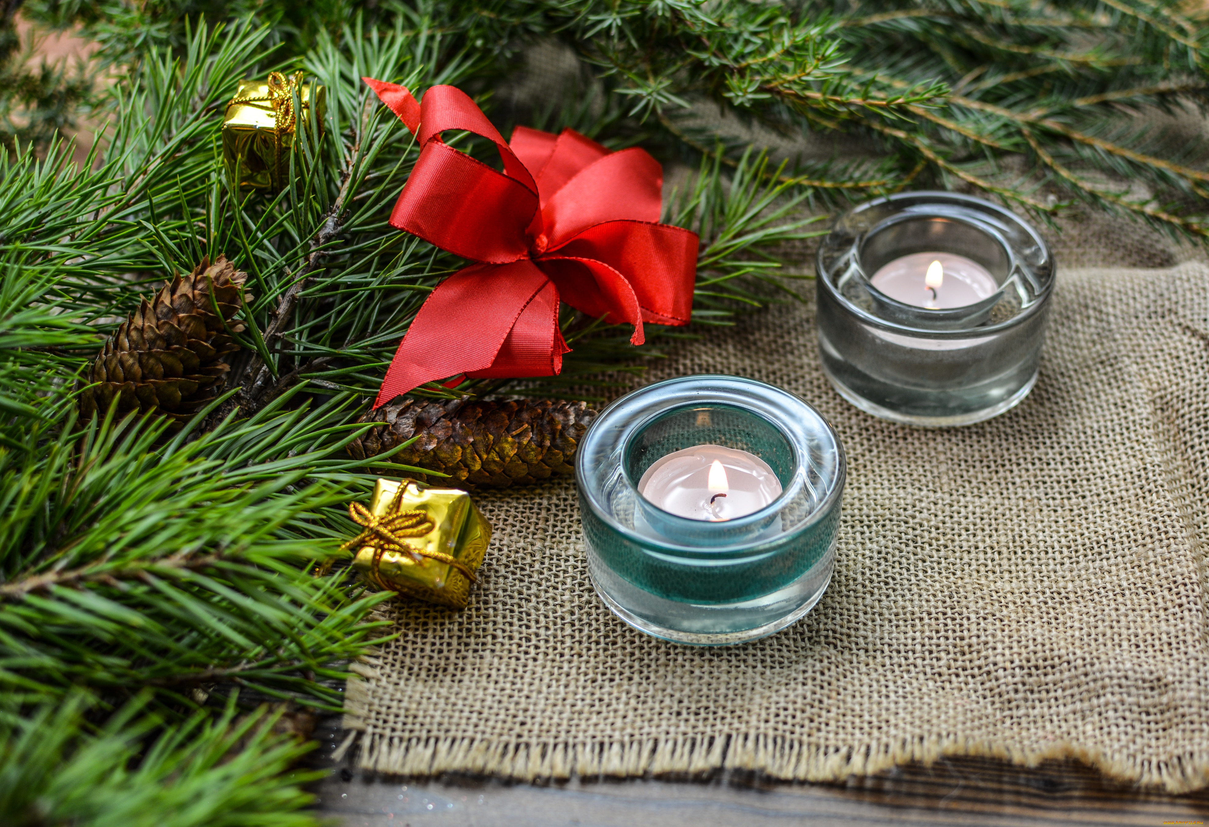 праздничные, новогодние, свечи, свечи, ёлка, шишки, бант