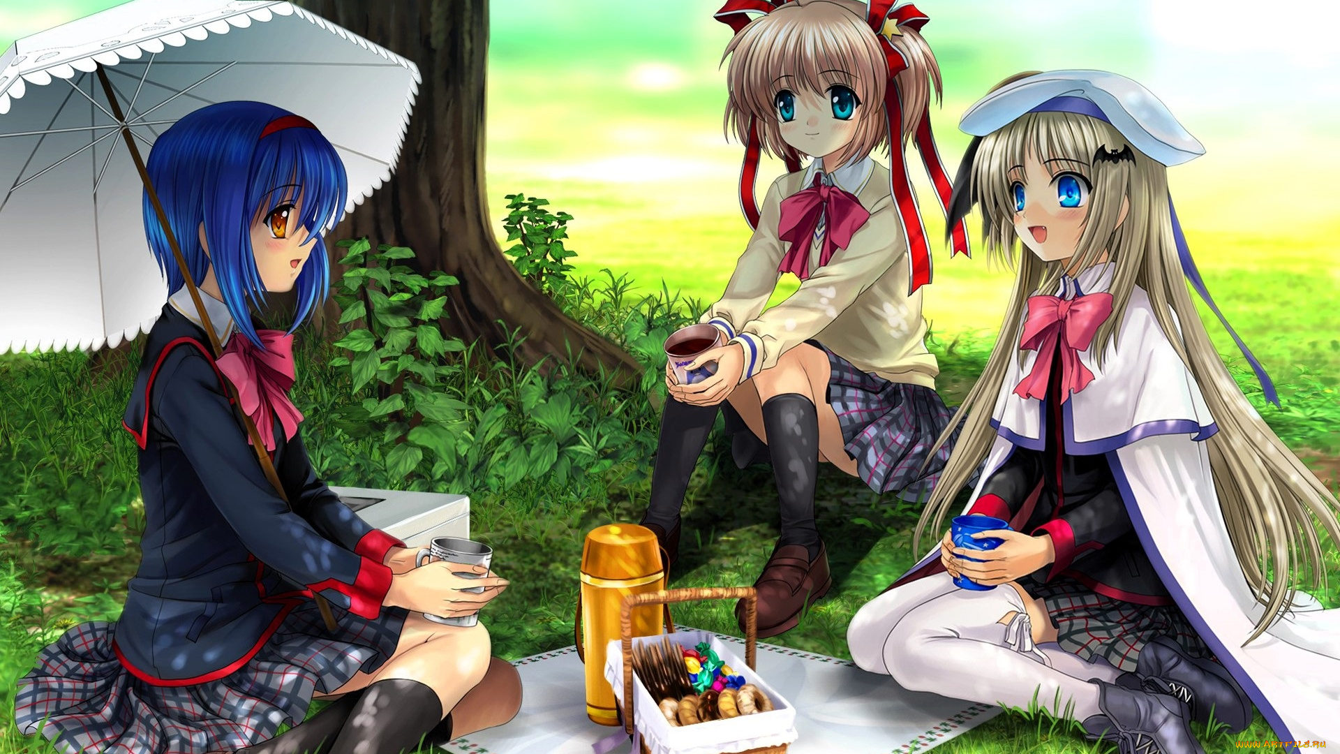 аниме, little, busters, девочки, зонт, пикник