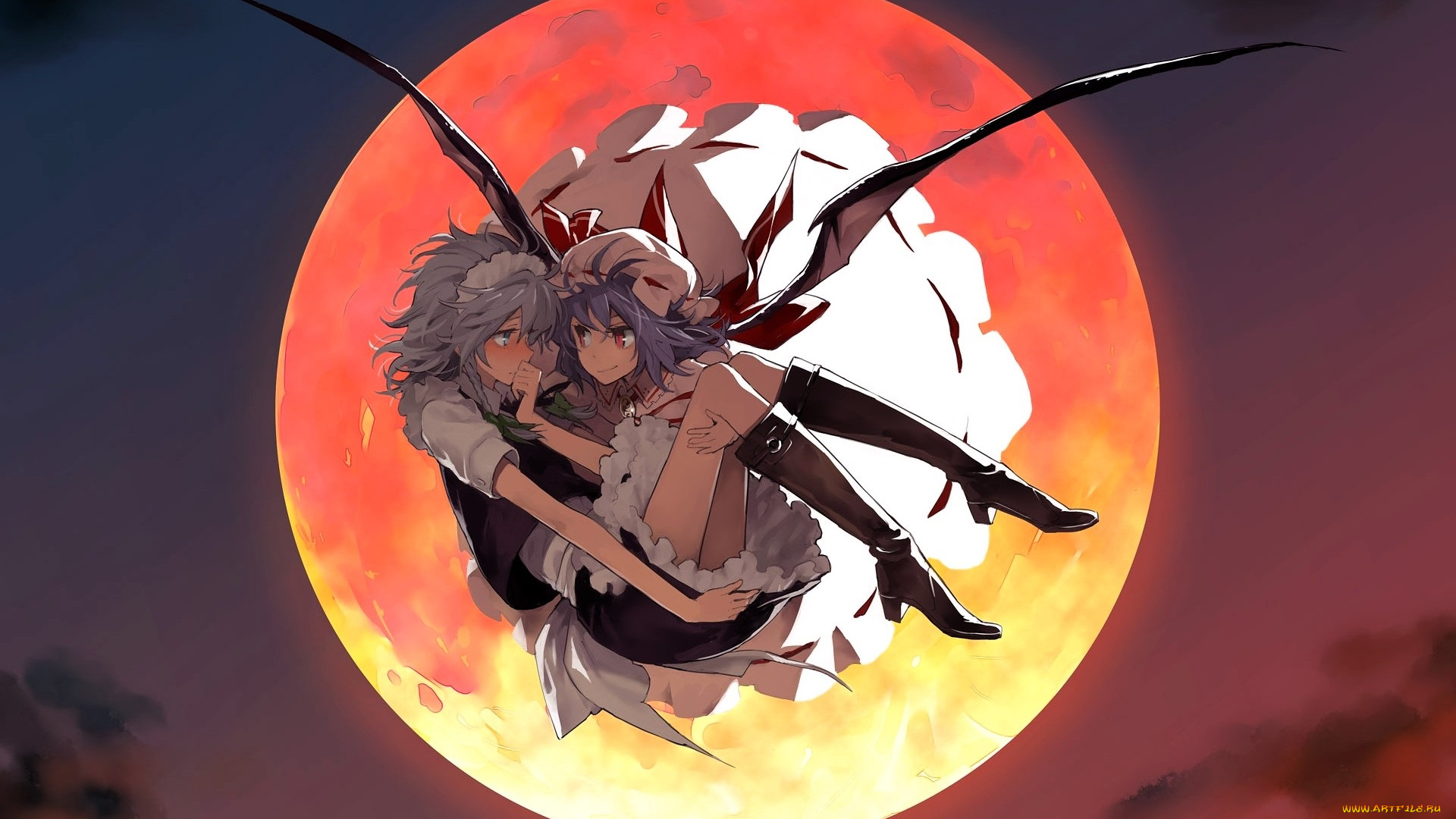 аниме, животные, , существа, девочки, полет, луна