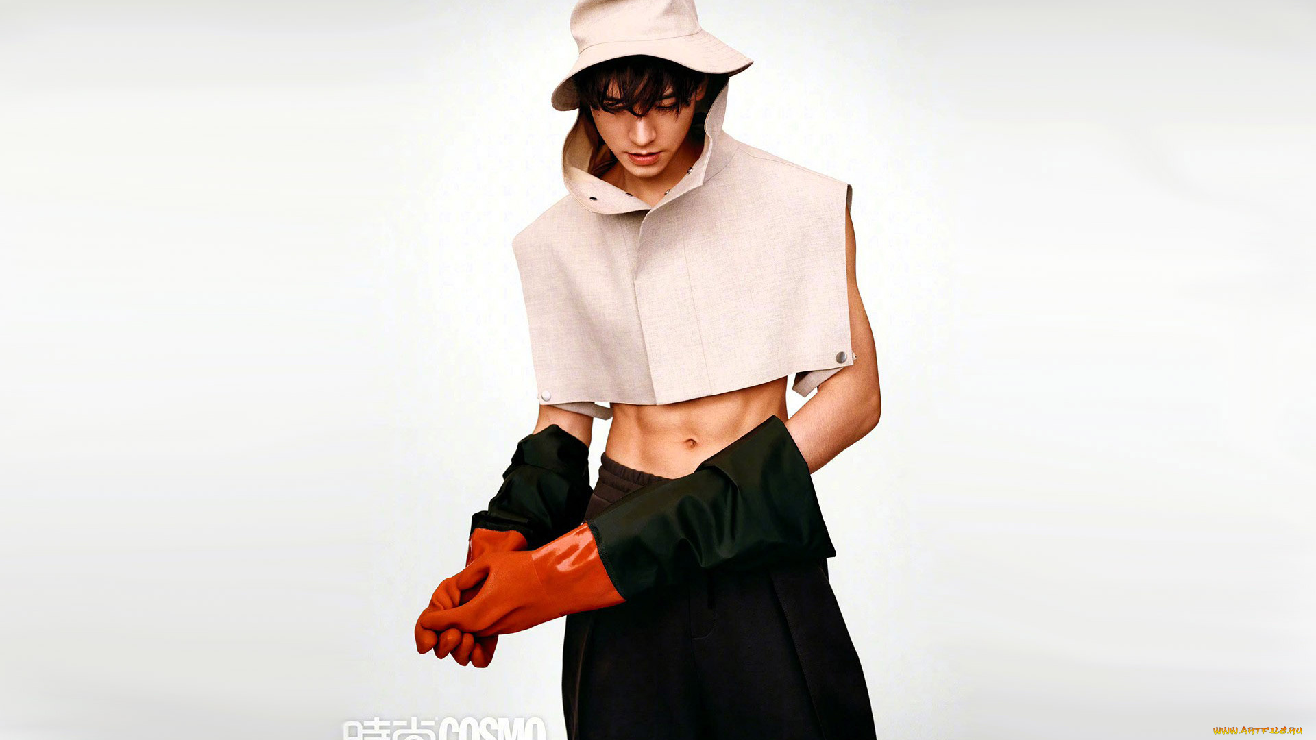 мужчины, gong, jun, |, simon, gong, актер, шляпа, топ, живот, перчатки