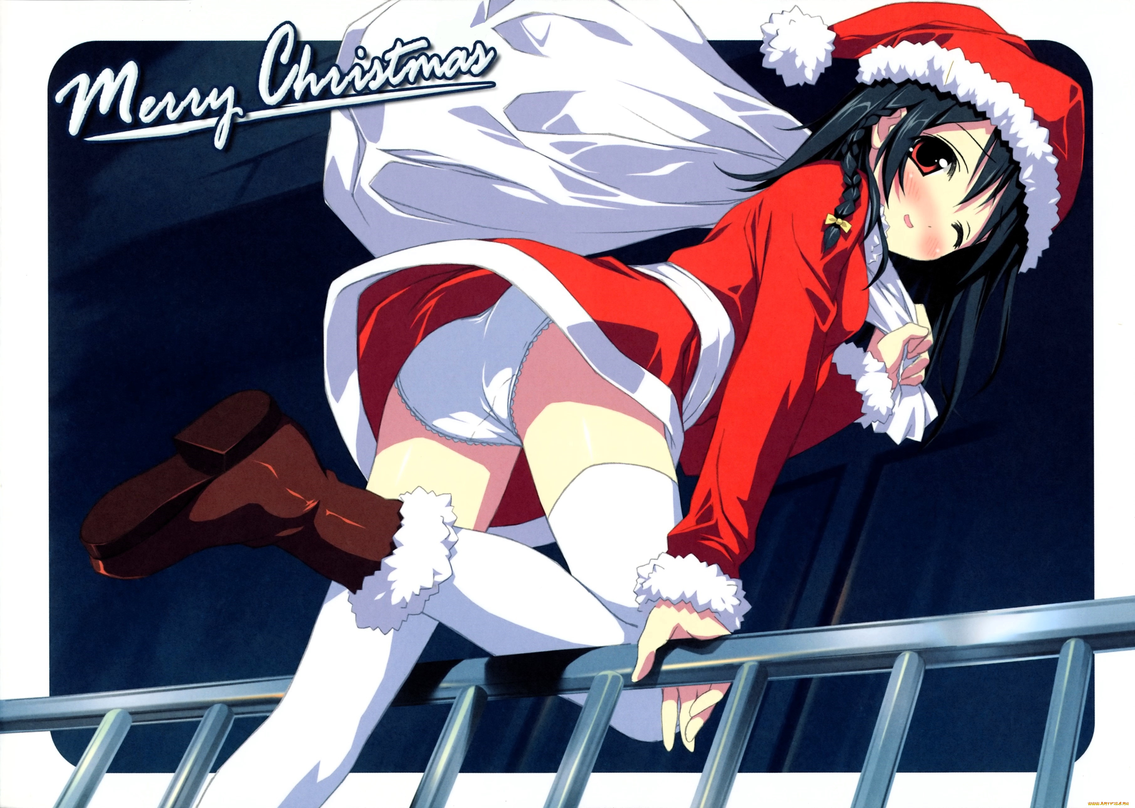 аниме, зима, , новый, год, , рождество, девочка, костюм, мешок