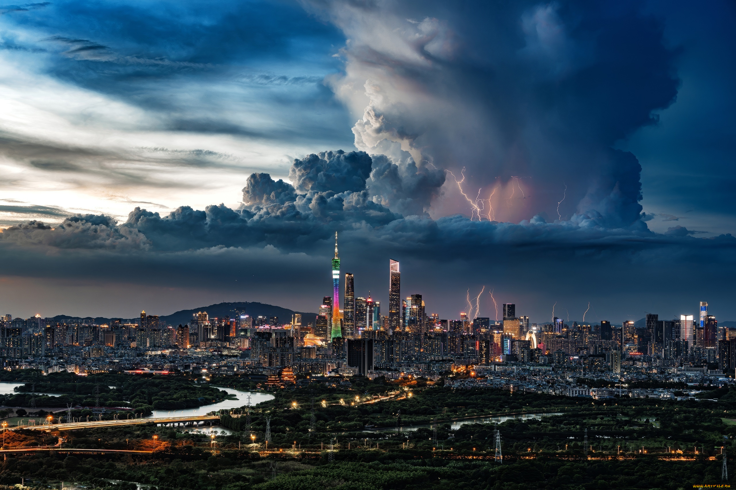 города, -, панорамы, молния