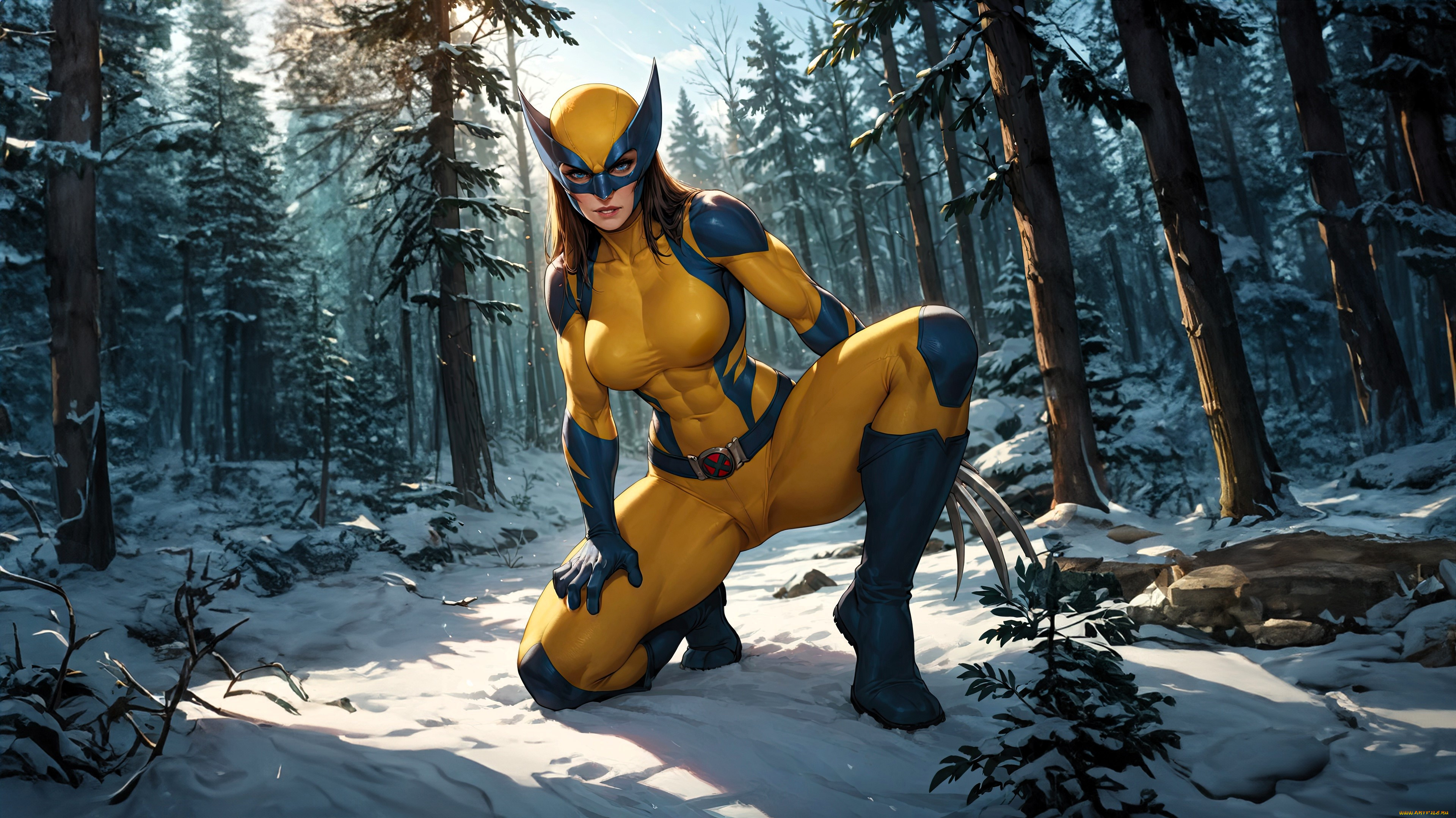 рисованное, комиксы, девушка, костюм, герой, когти, лес, снег