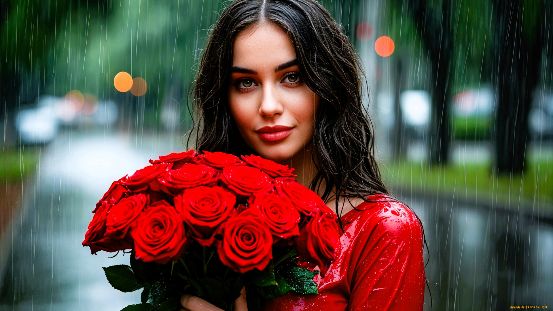 3д, графика, люди, , people, девушка, брюнетка, лицо, цветы, букет, розы, дождь, аллея