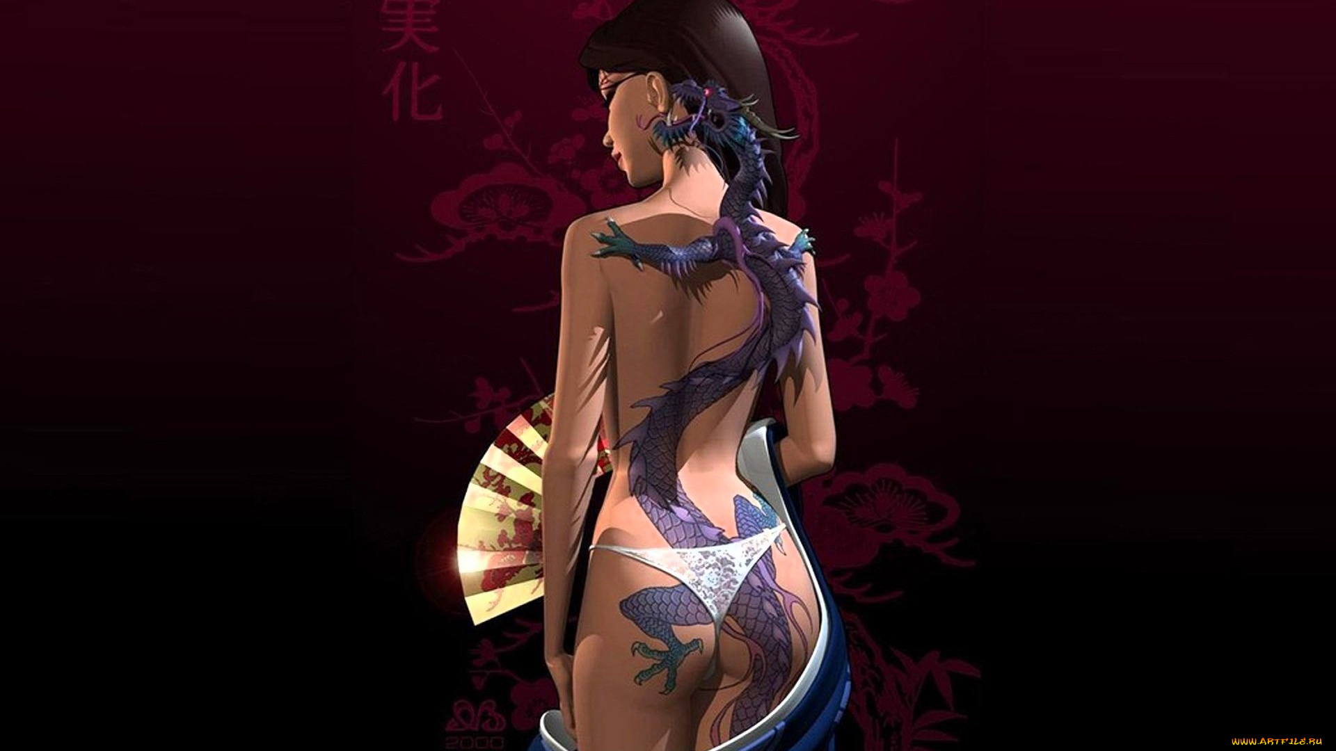 3д, графика, люди, , people, девушка, дракон, трусики, веер, иероглифы