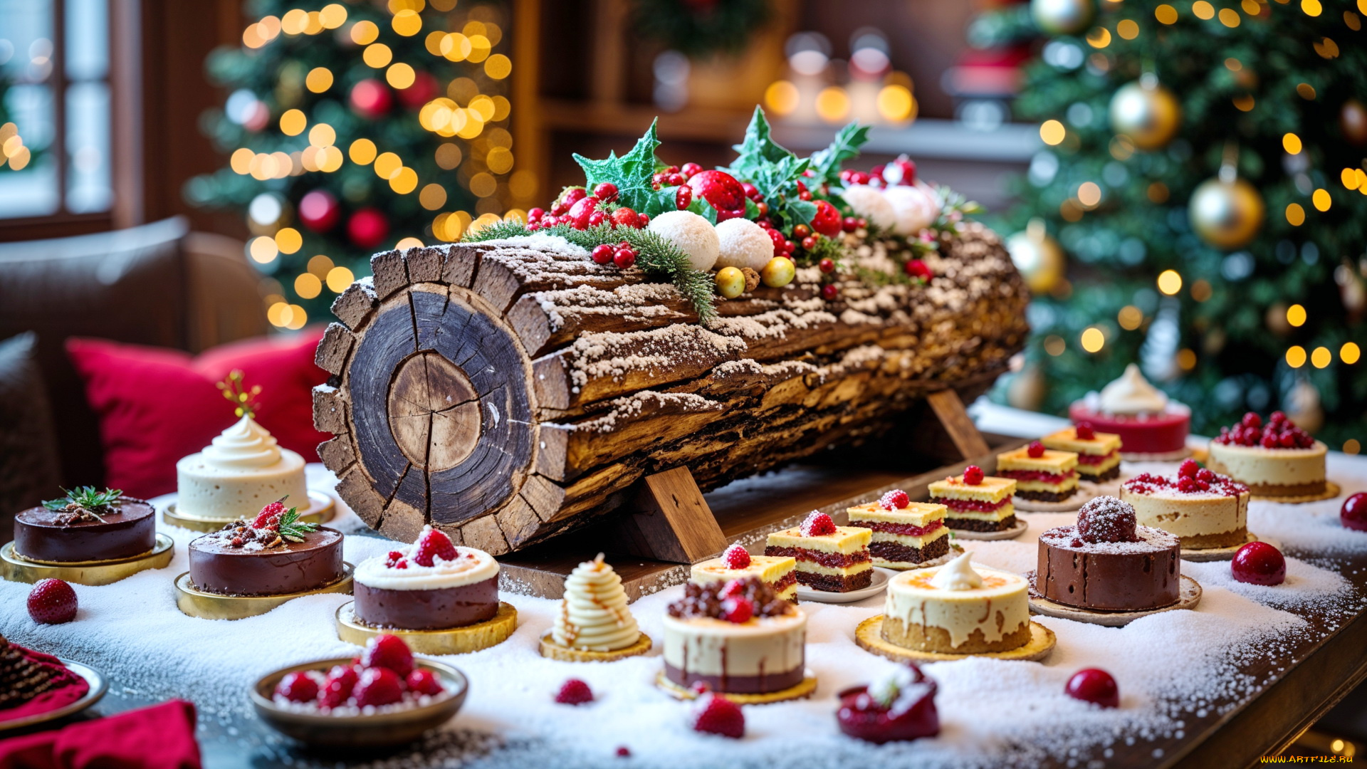 3д, графика, праздники, , holidays, рождественское, полено, пирожные, ассорти