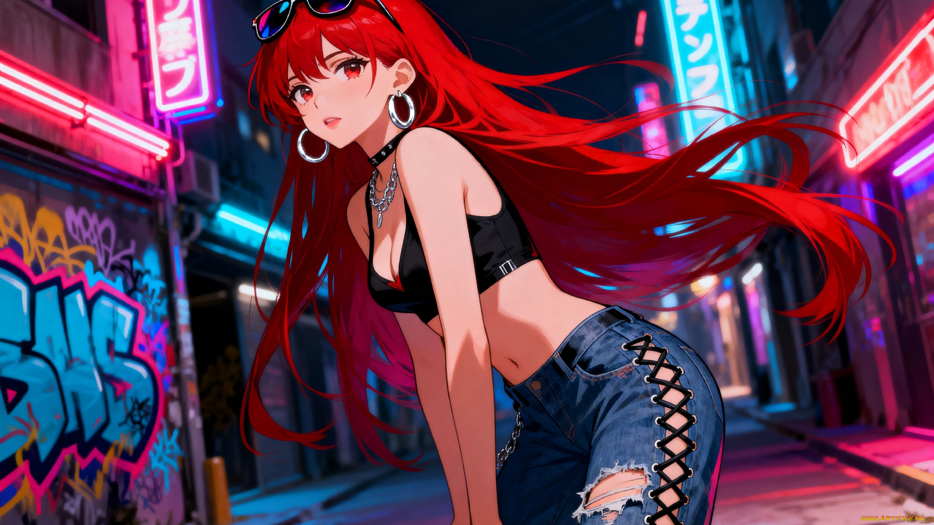 аниме, город, , улицы, , интерьер, , здания, девушка, очки, топ, джинсы, дома, улица