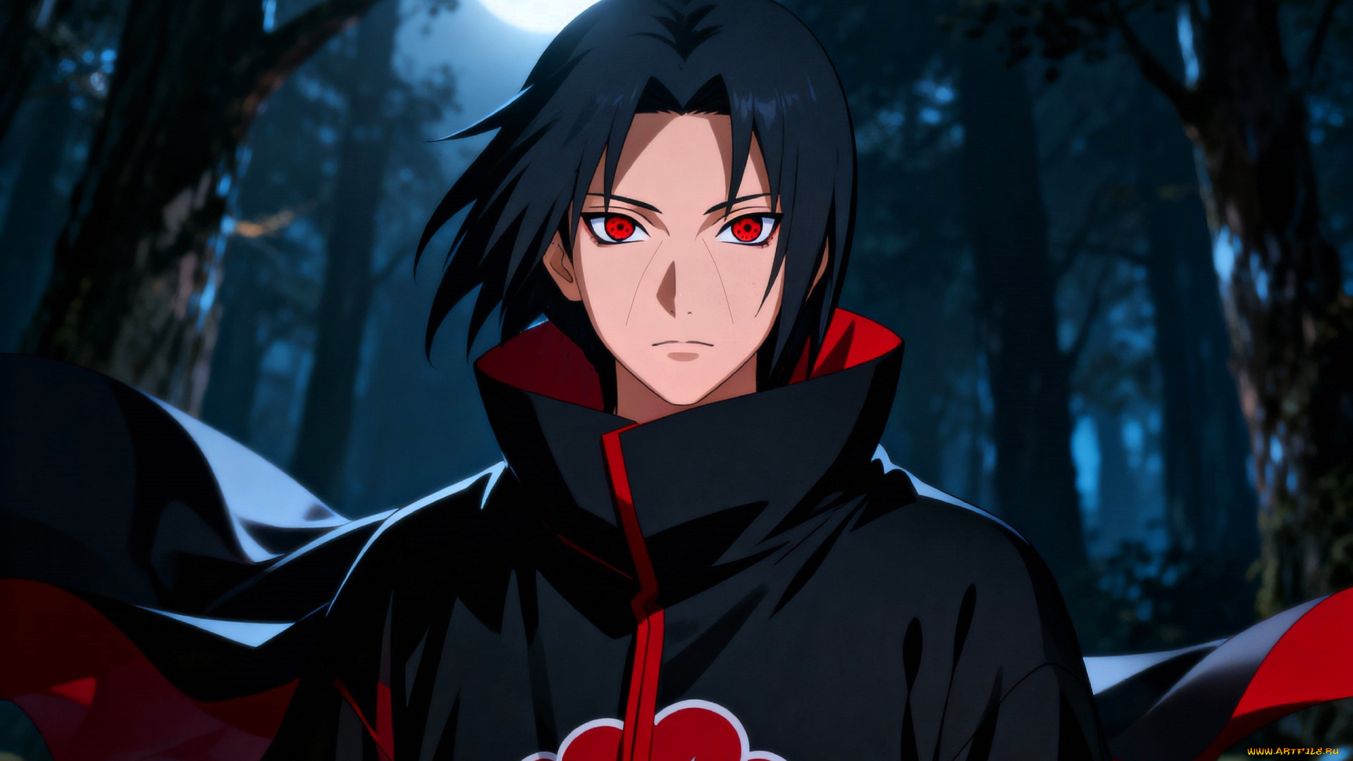 аниме, naruto, учиха, итачи, плащ, лес, луна