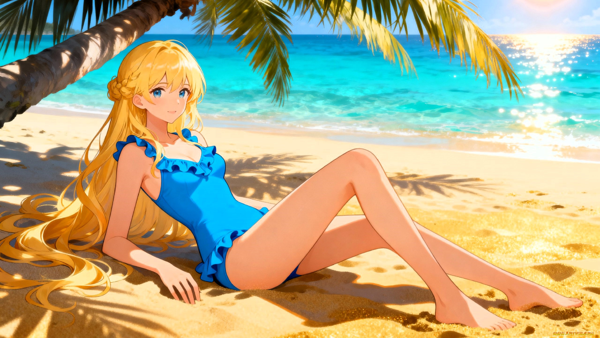 аниме, unknown, , другое, , девушка, блондинка, купальник, пляж, песок, море, пальмы