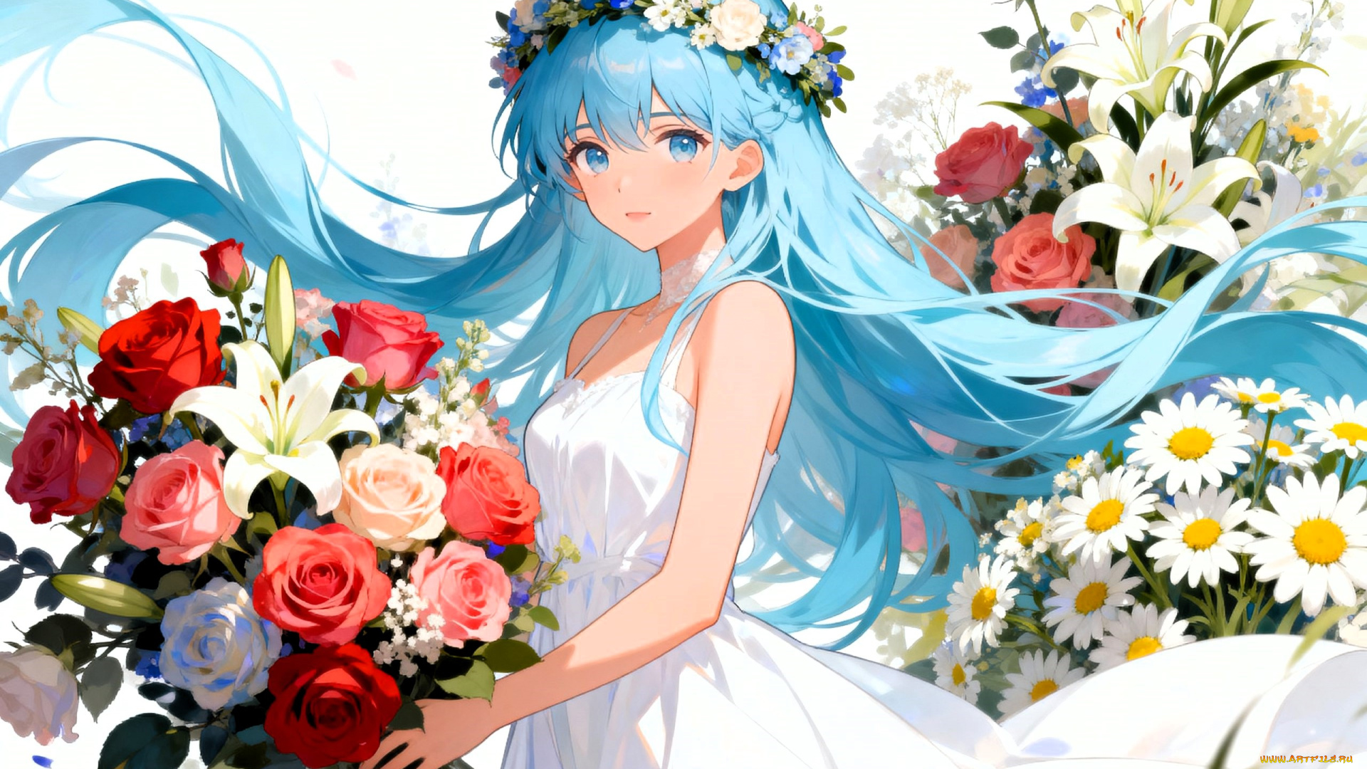 аниме, unknown, , другое, , девушка, голубые, волосы, венок, платье, цветы, букет