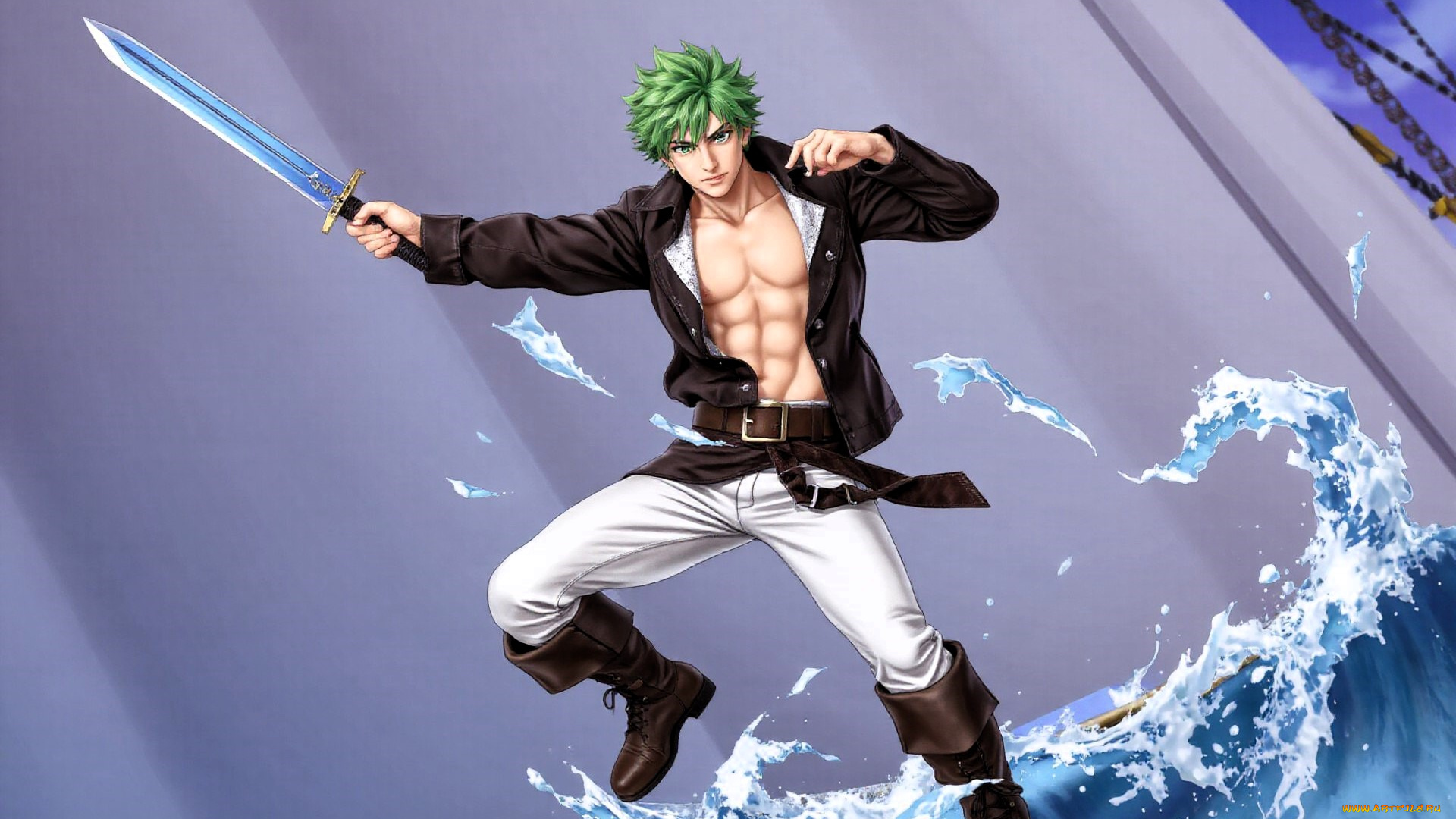 аниме, unknown, , другое, , парень, куртка, меч, сапоги, волна, море, паруса