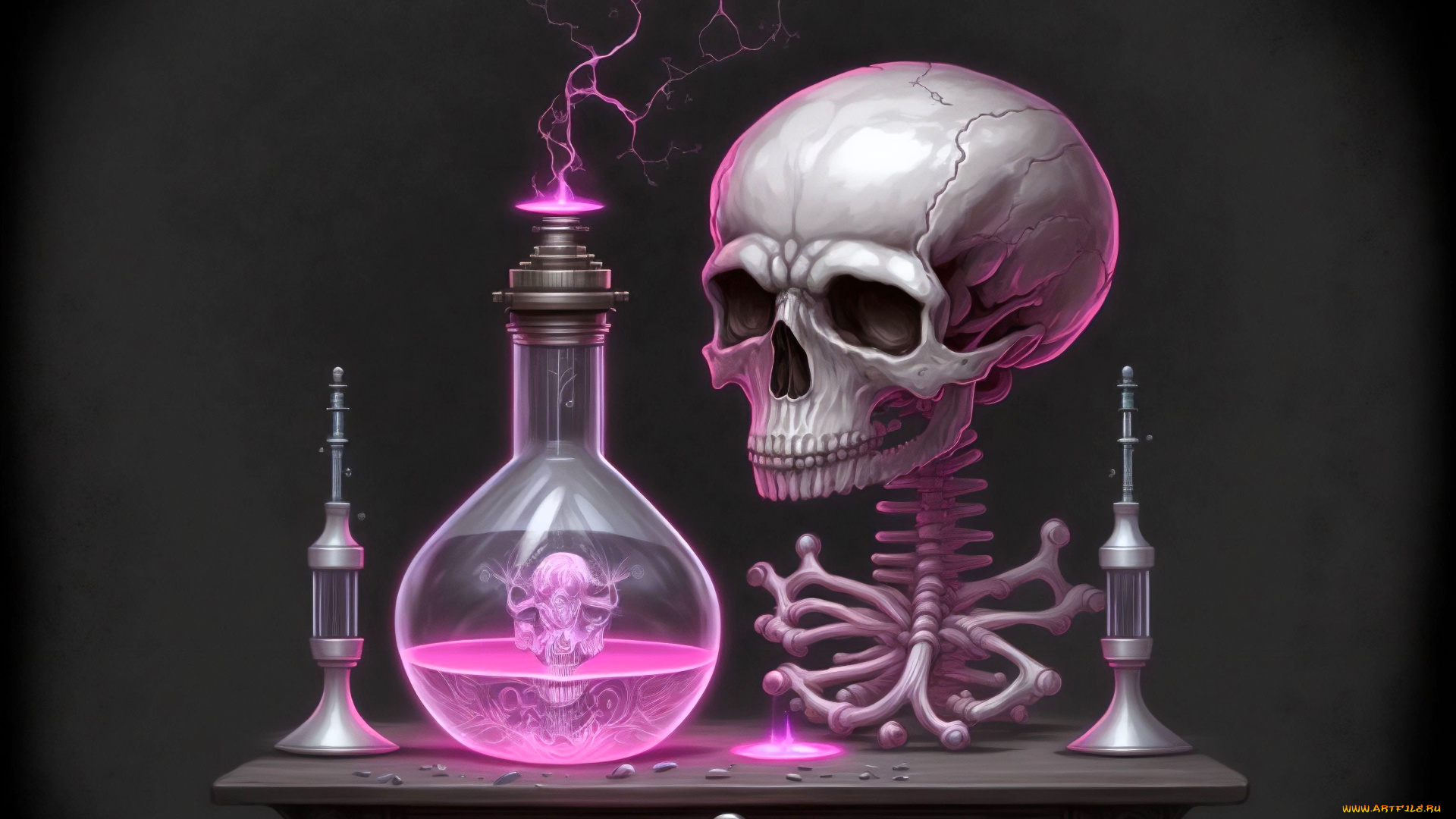 фэнтези, нежить, череп, кости, лаборатория, колба