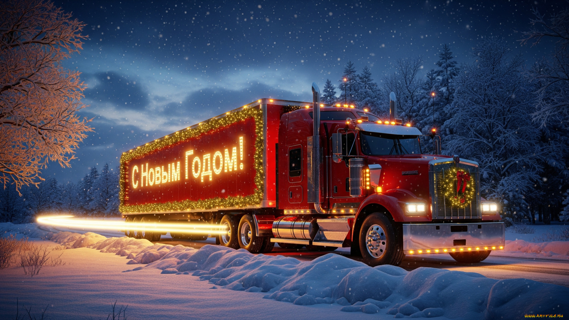 праздник, праздничные, -, разное, , новый, год, зима, снег, ночь, новый, год, арт, грузовик