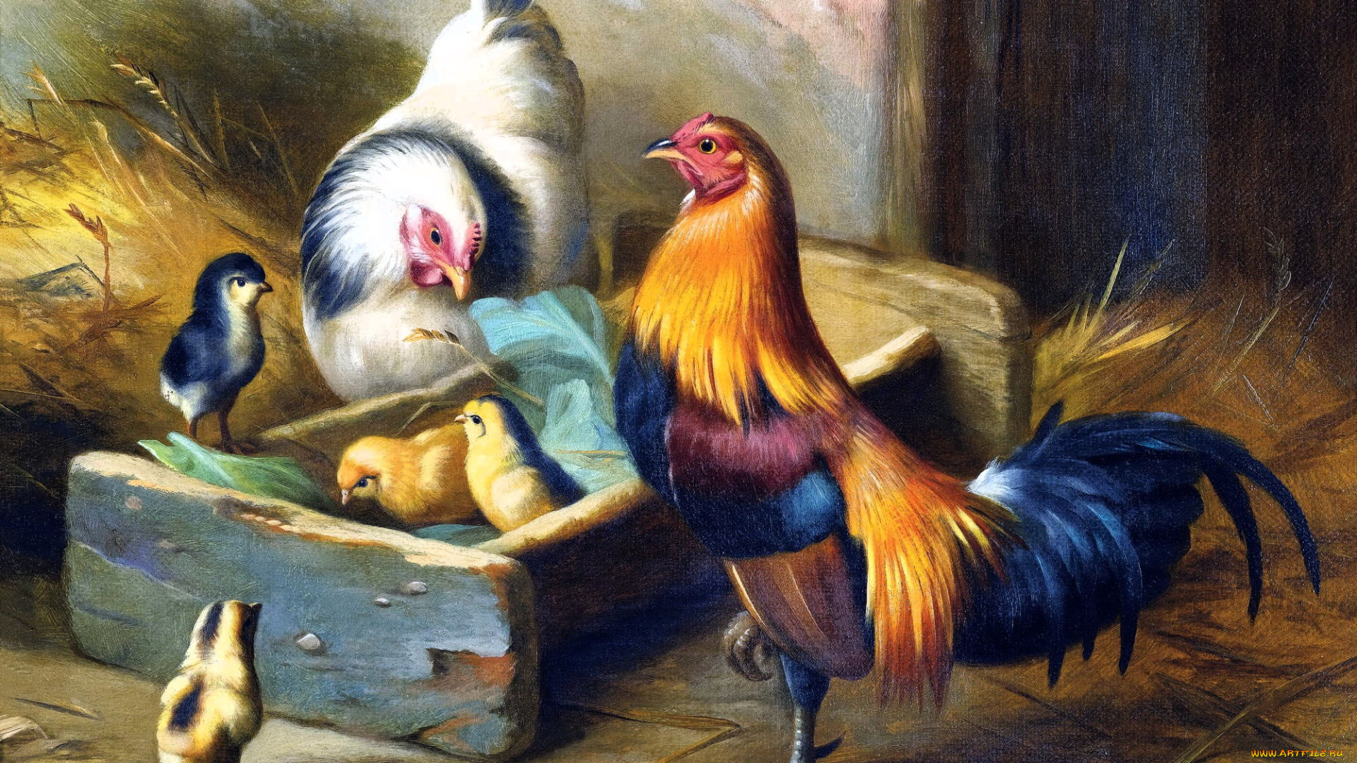 рисованное, edgar, hunt, куры, цыплята, петух, поилка, сено