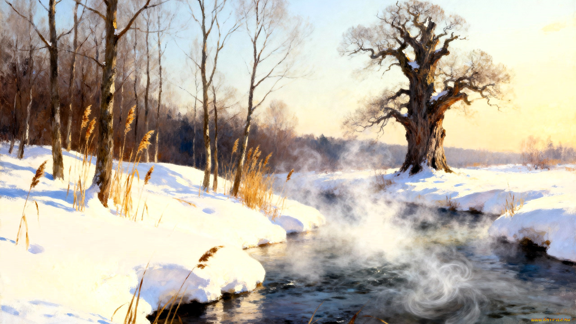 рисованное, природа, лес, деревья, снег, зима, речка, трава, пар