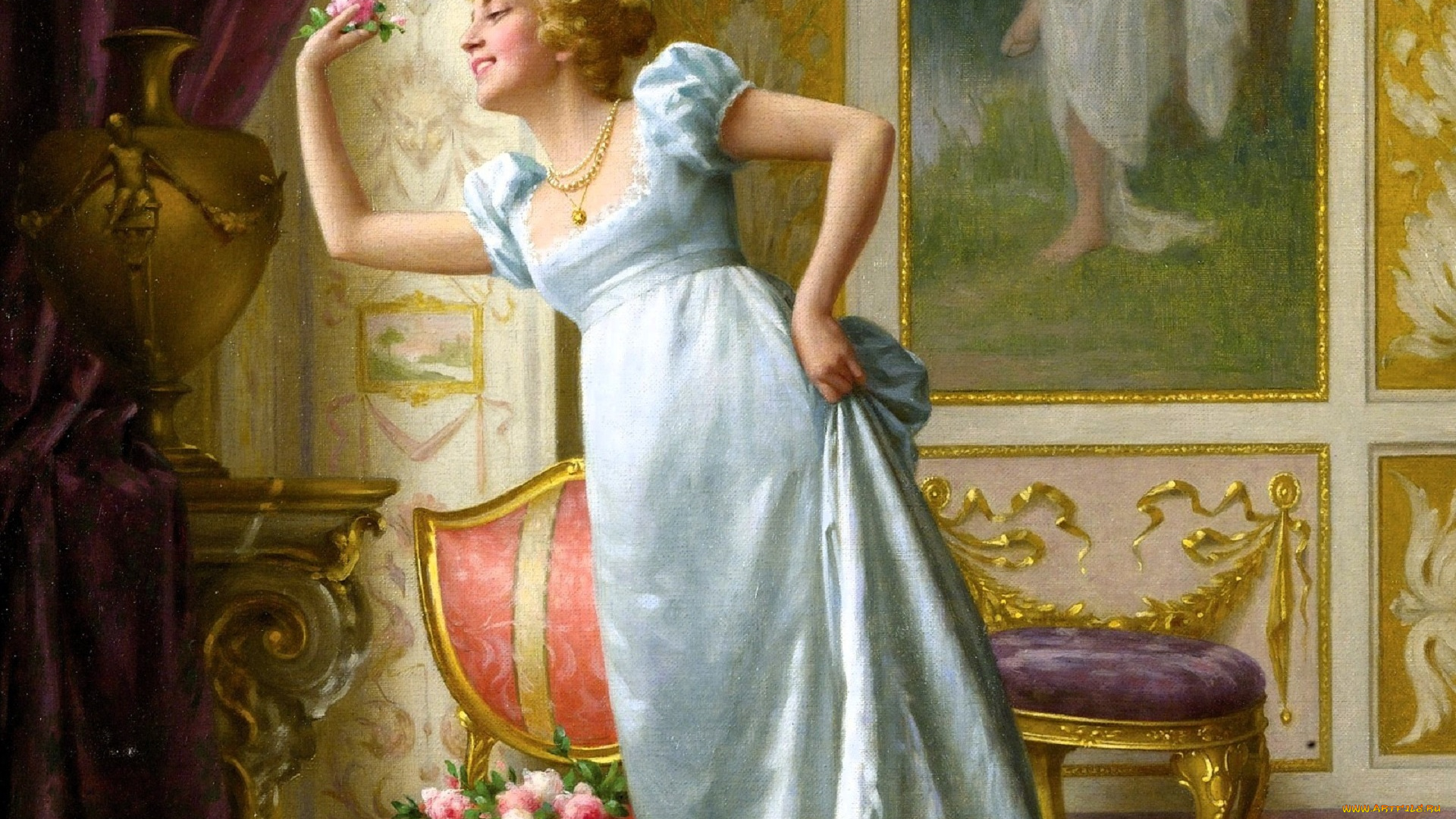 рисованное, vittorio, reggianini, девушка, дама, цветы, картина, стулья, шторы