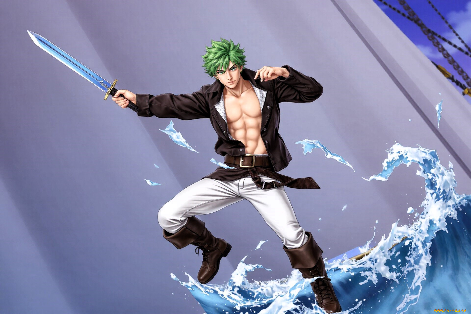 аниме, unknown, , другое, , парень, куртка, меч, сапоги, волна, море, паруса