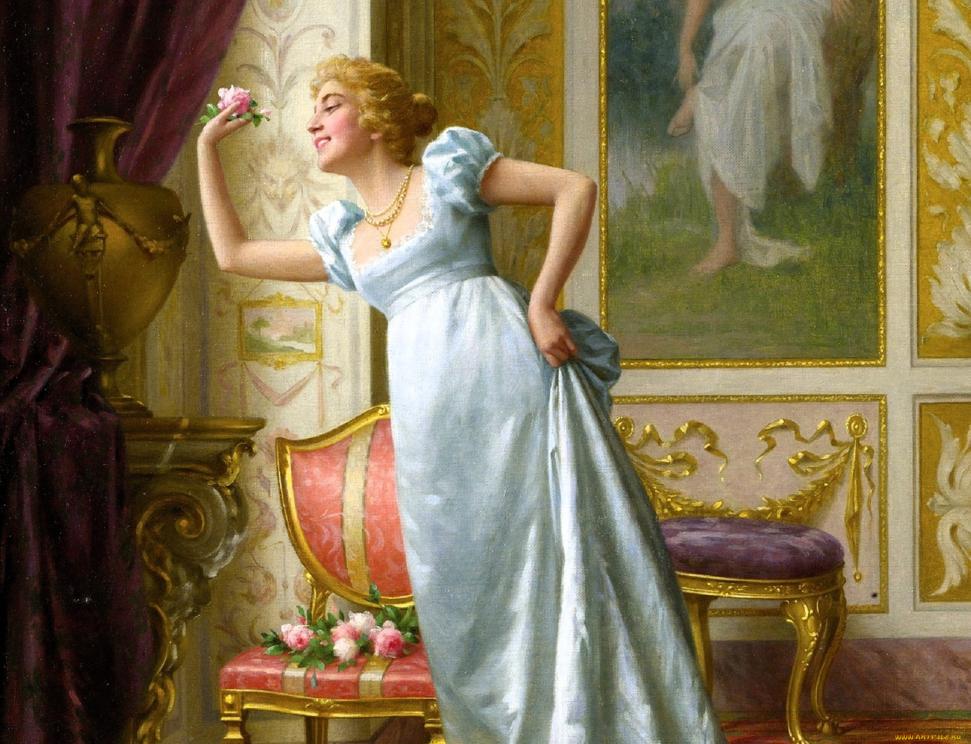 рисованное, vittorio, reggianini, девушка, дама, цветы, картина, стулья, шторы