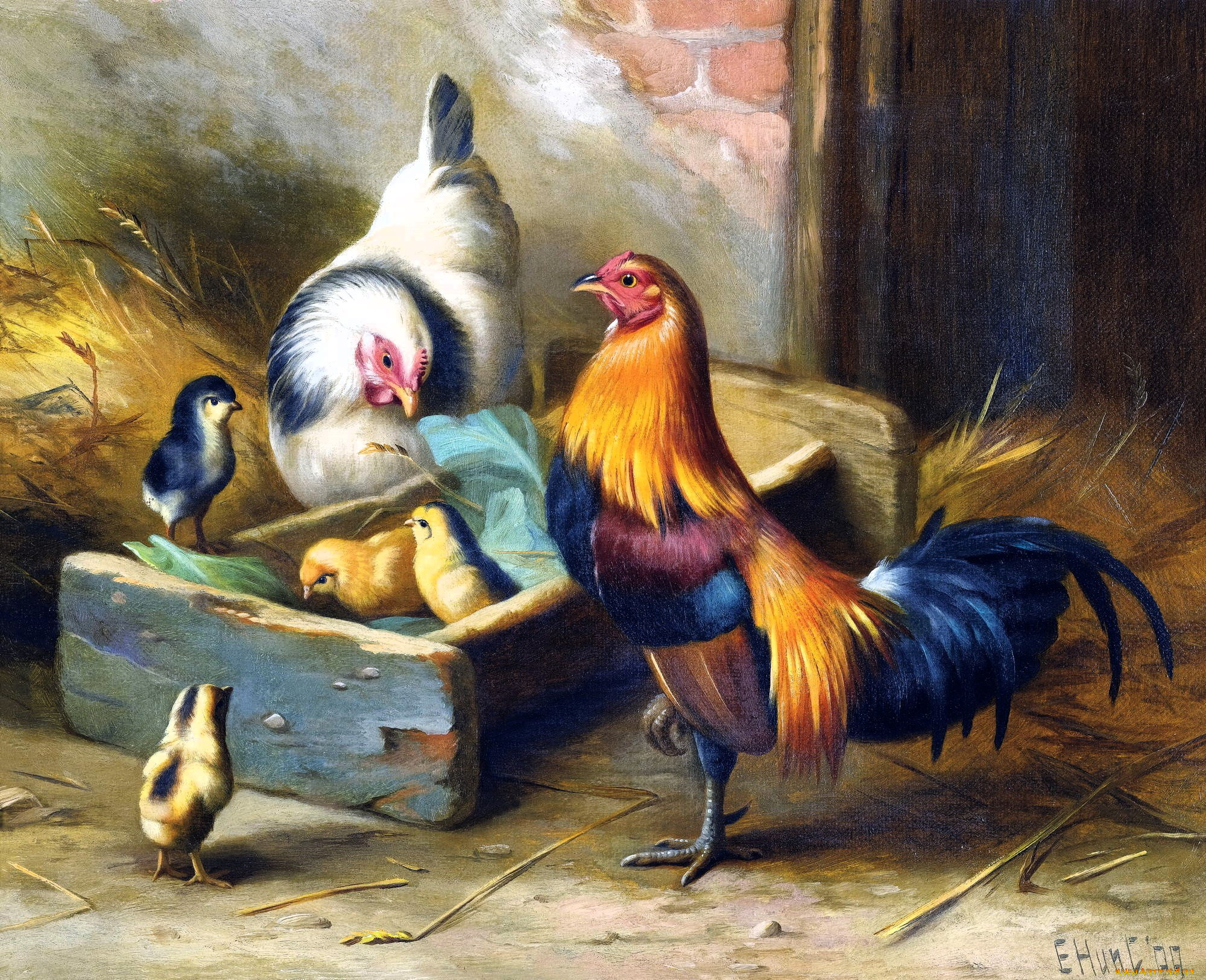 рисованное, edgar, hunt, куры, цыплята, петух, поилка, сено