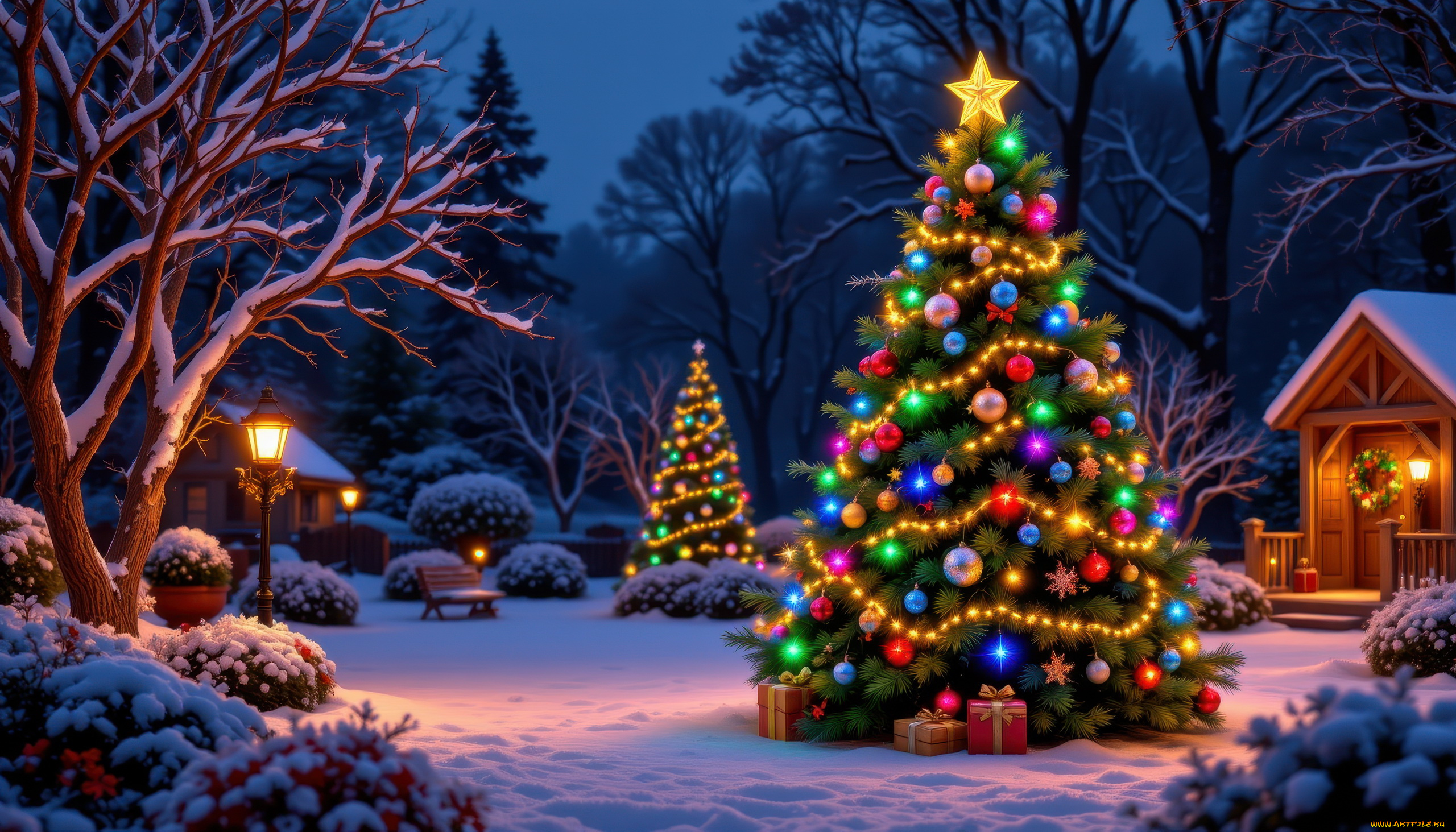 автор, wp, stl, 3д, графика, праздники, , holidays, зима, снег, елки, подарки, гирлянды, украшения