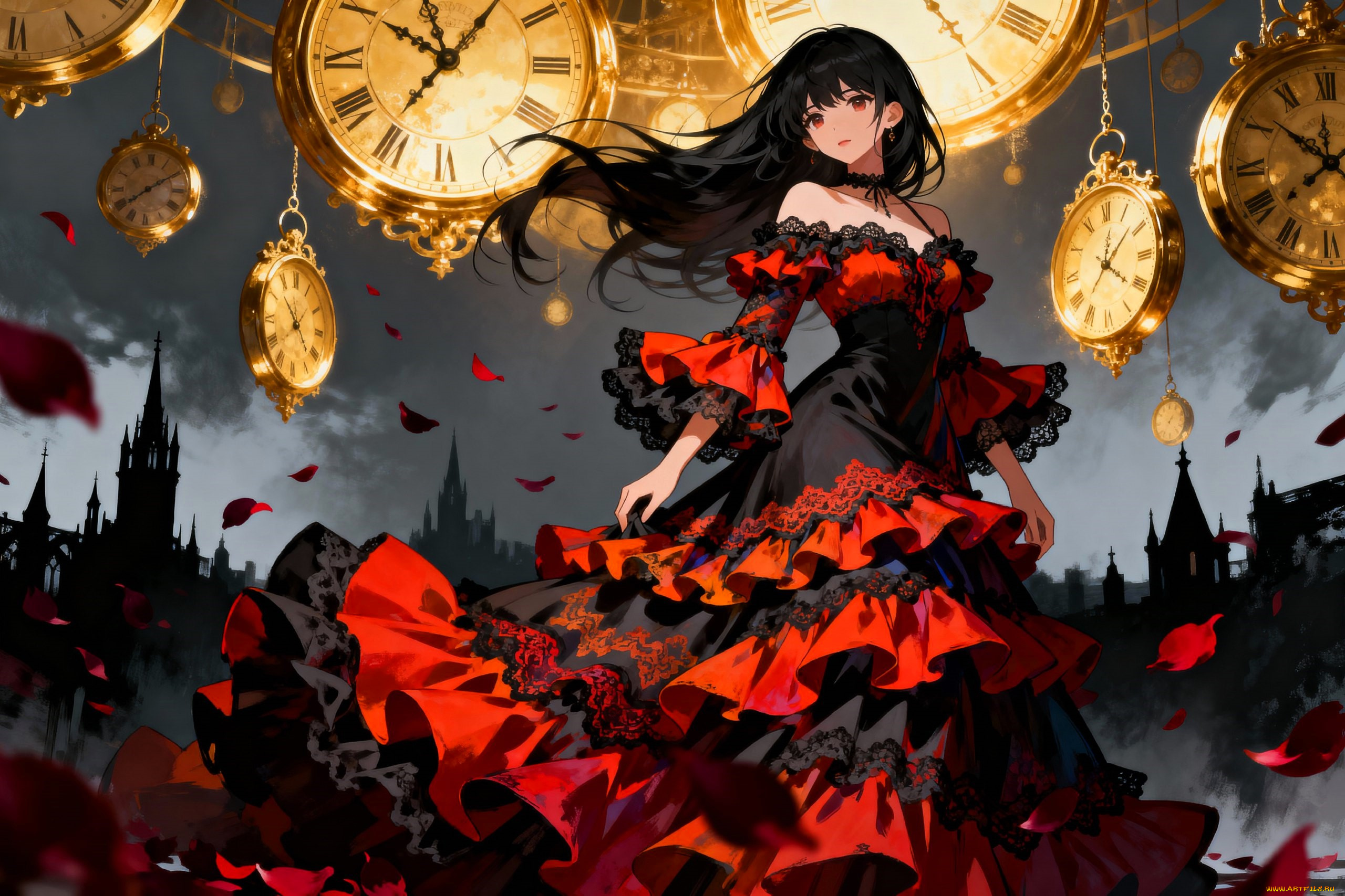 аниме, date, a, live, девушка, платье, часы, город, лепестки