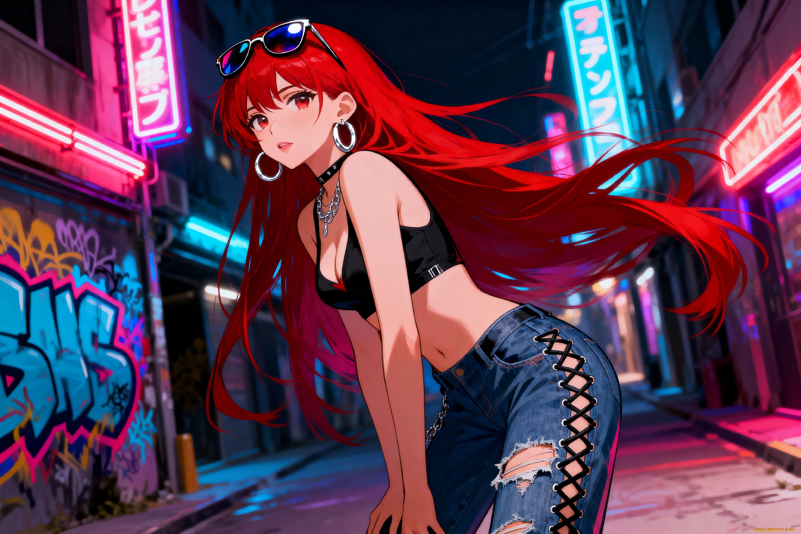 аниме, город, , улицы, , интерьер, , здания, девушка, очки, топ, джинсы, дома, улица