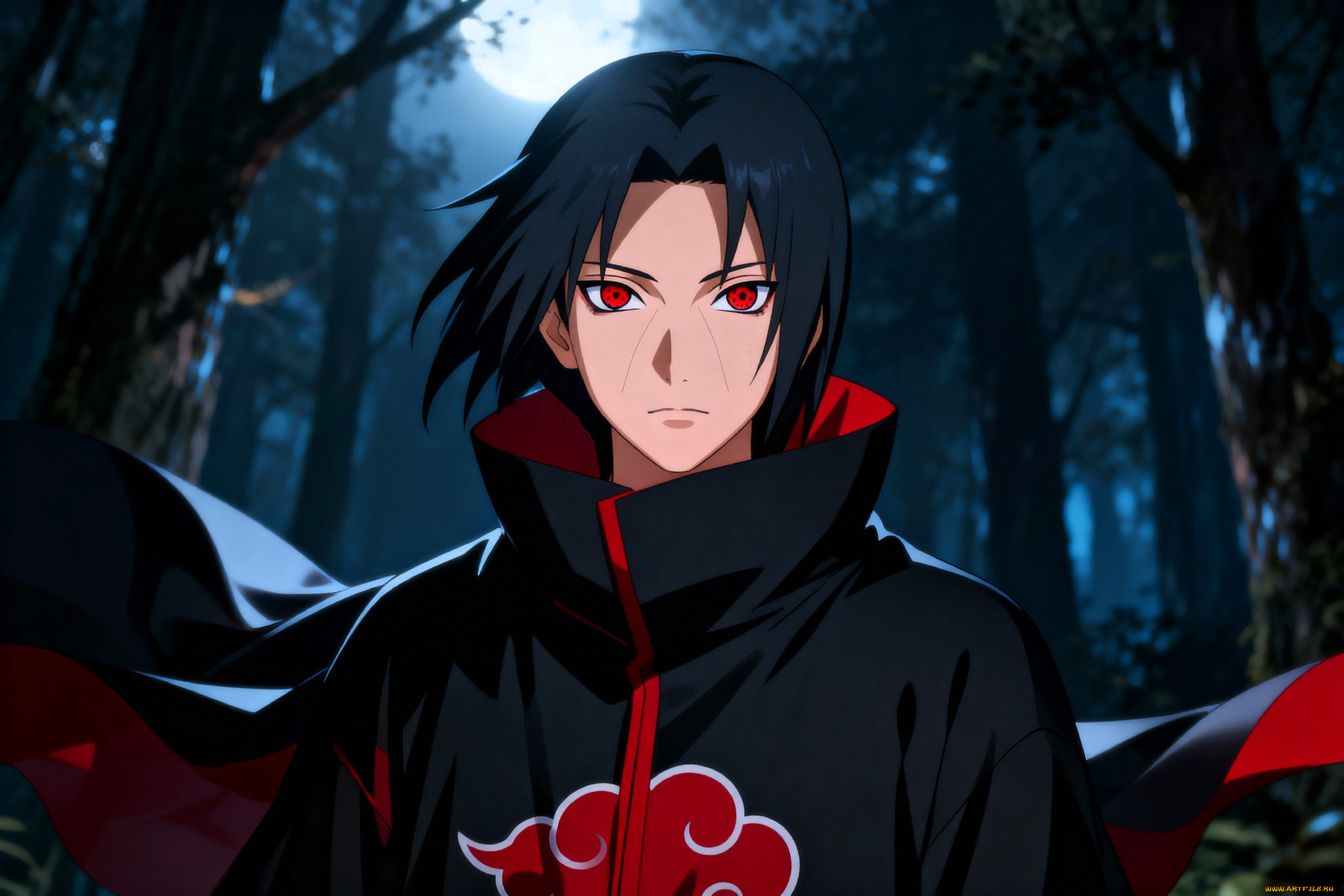 аниме, naruto, учиха, итачи, плащ, лес, луна