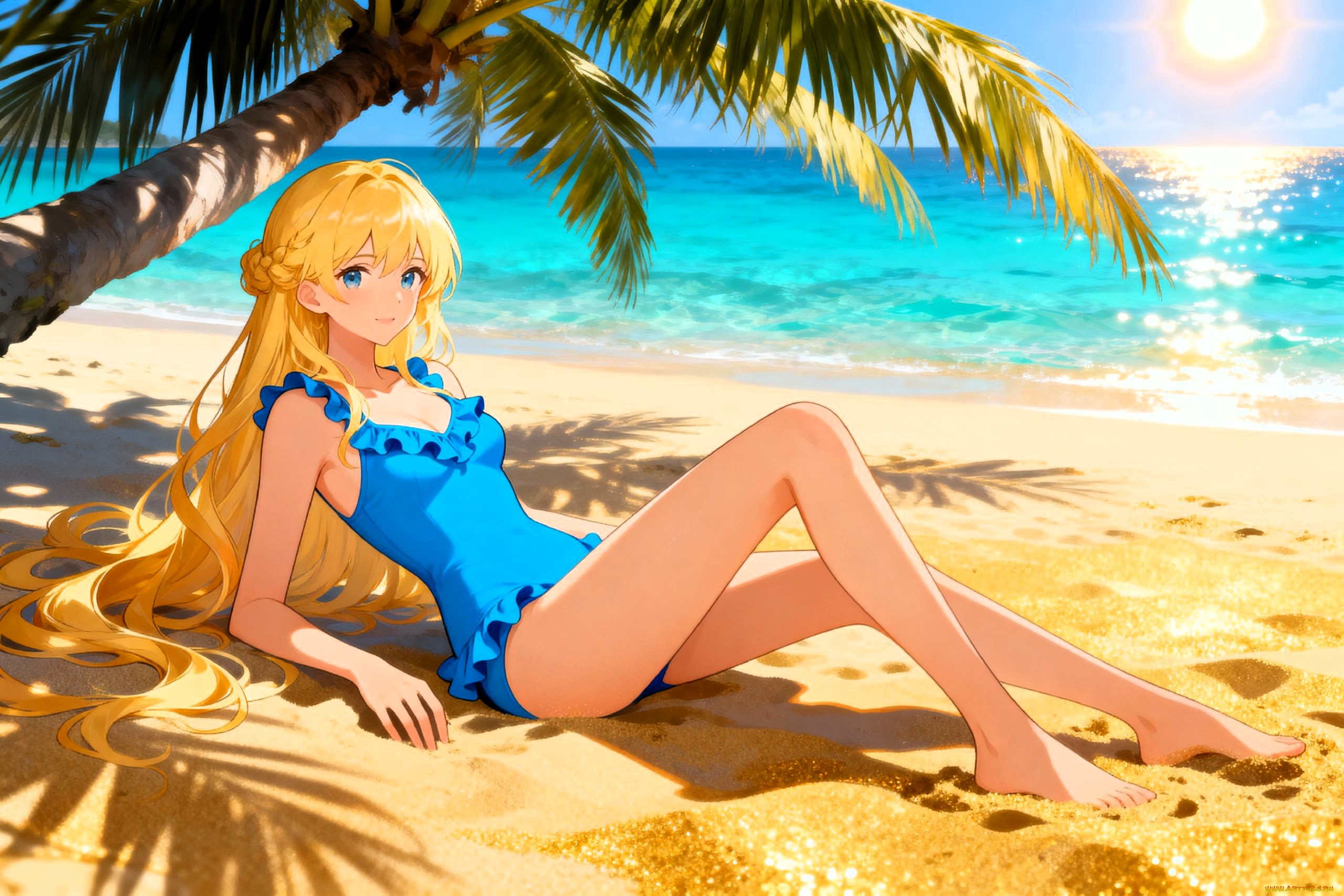 аниме, unknown, , другое, , девушка, блондинка, купальник, пляж, песок, море, пальмы